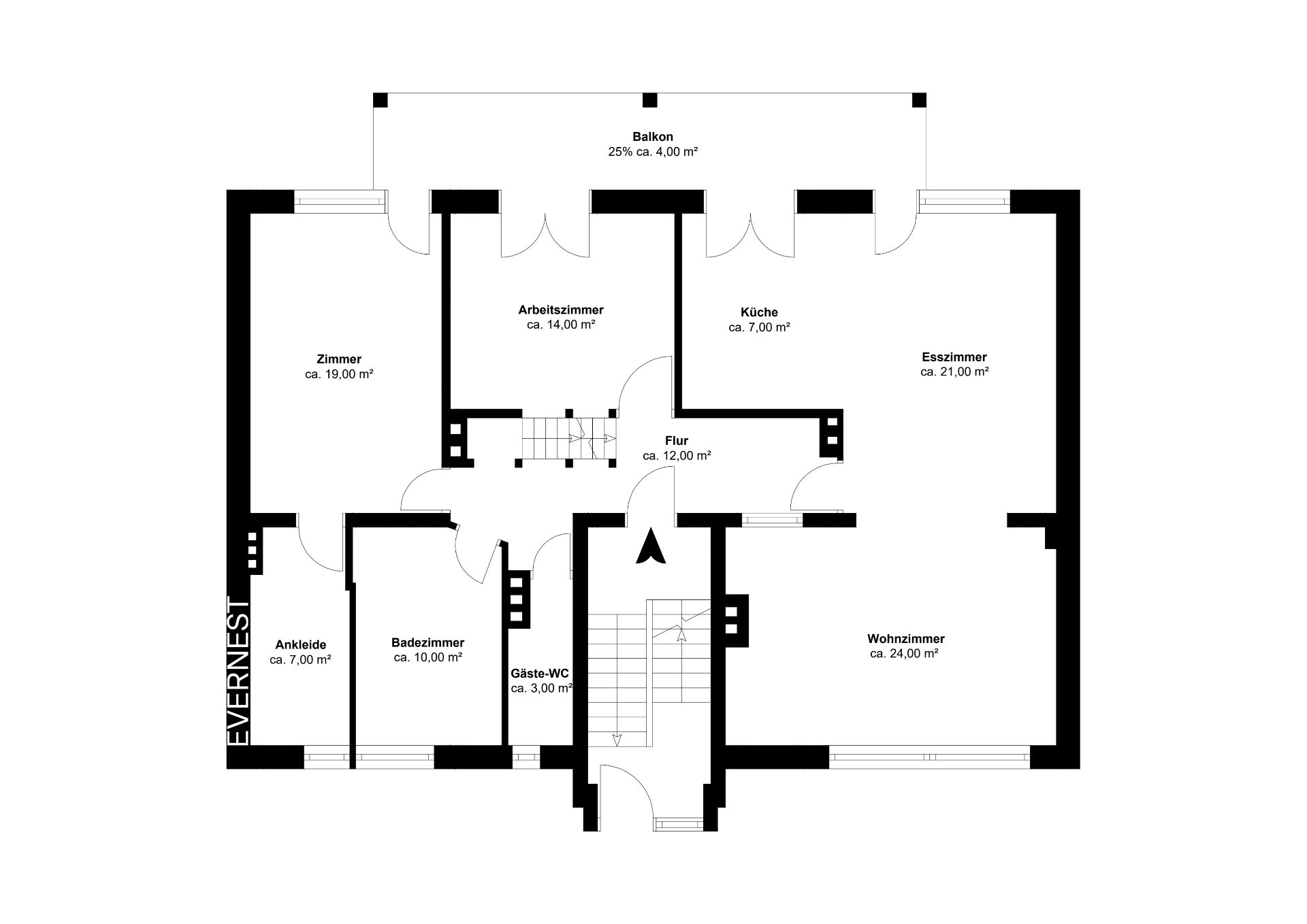 Grundriss einer Wohnung mit Balkon, mehreren Zimmern, Küche, Bad und Gäste-WC.