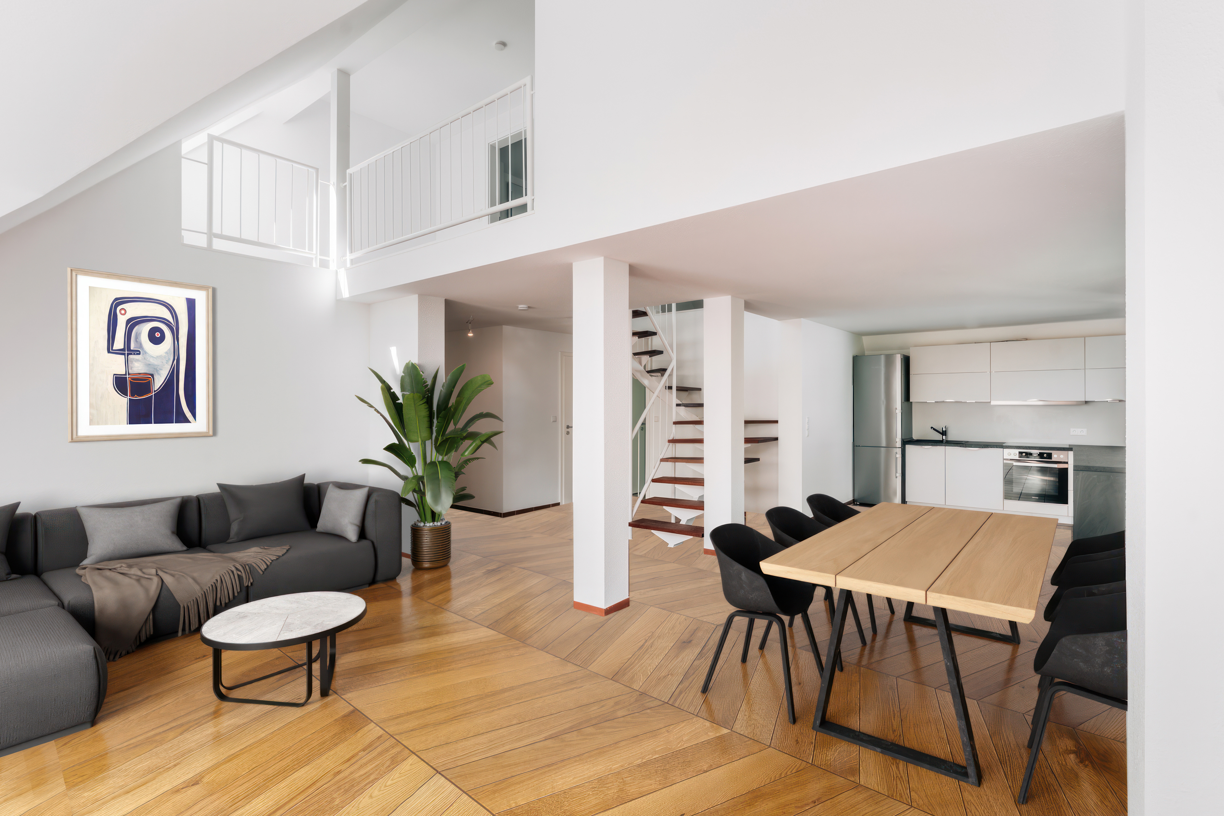 Modernes Wohnzimmer mit Sofa, Esstisch, Küche, Pflanze und Treppe zu einer Galerie.
