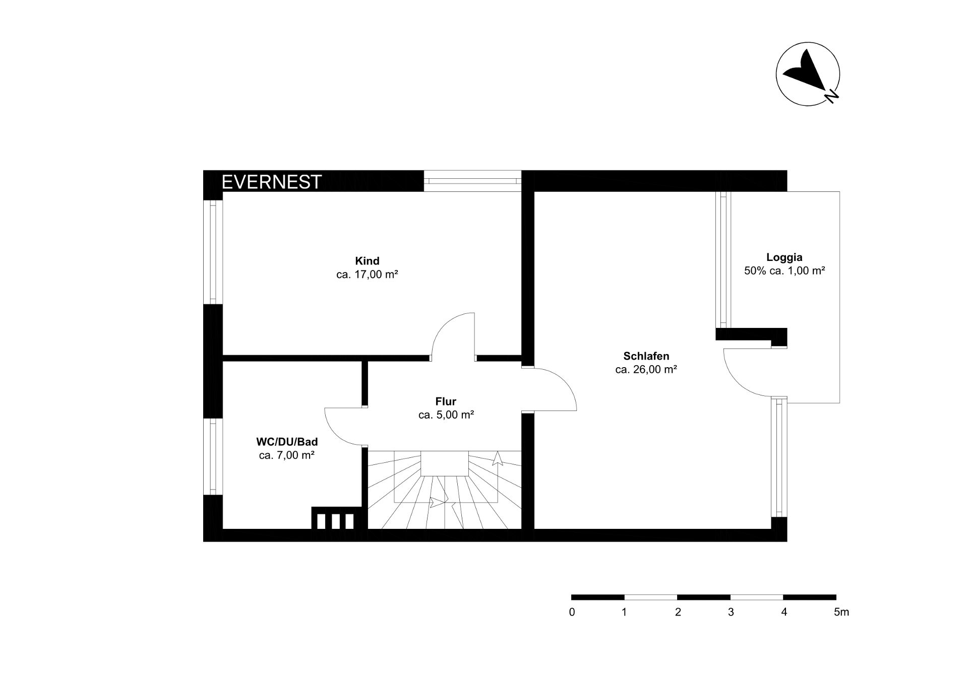Grundriss mit Kinderzimmer, Schlafzimmer, Bad, Flur, Loggia und Treppe.