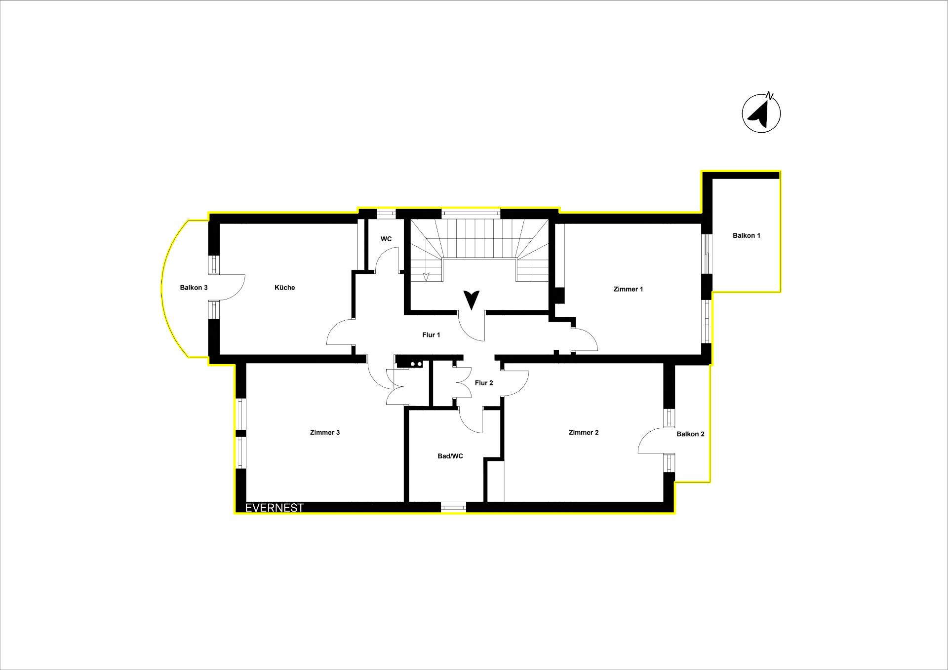 Grundriss einer Wohnung mit drei Zimmern, Küche, Bad, WC und drei Balkonen.