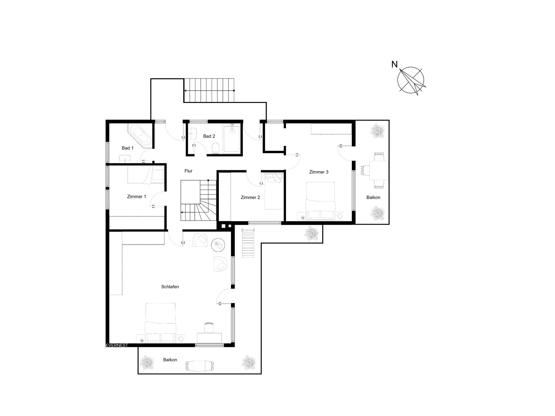 Grundriss einer Wohnung mit drei Zimmern, zwei Bädern und zwei Balkonen.