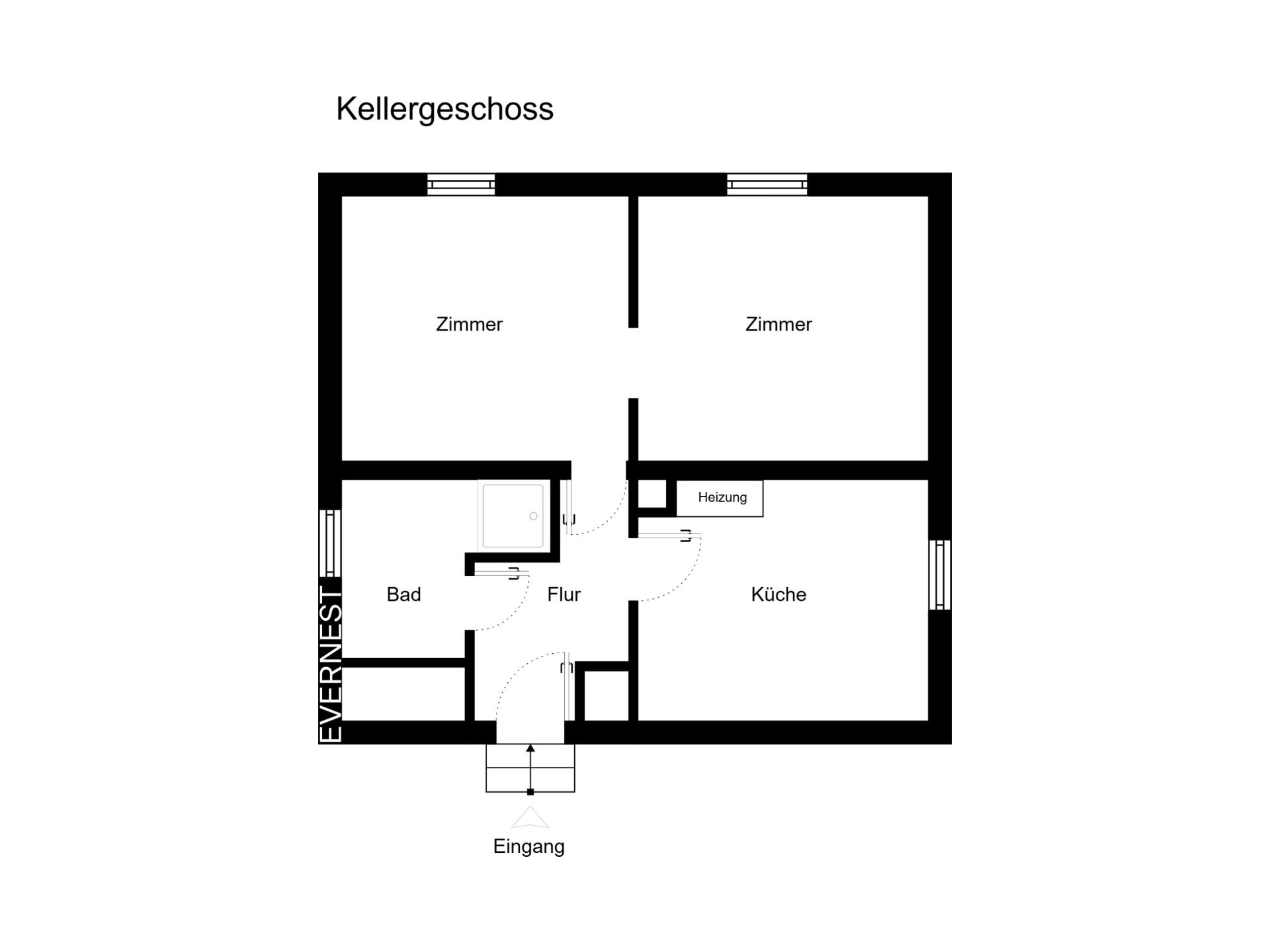 Grundriss des Kellergeschosses mit zwei Zimmern, Bad, Küche, Flur und Eingang.