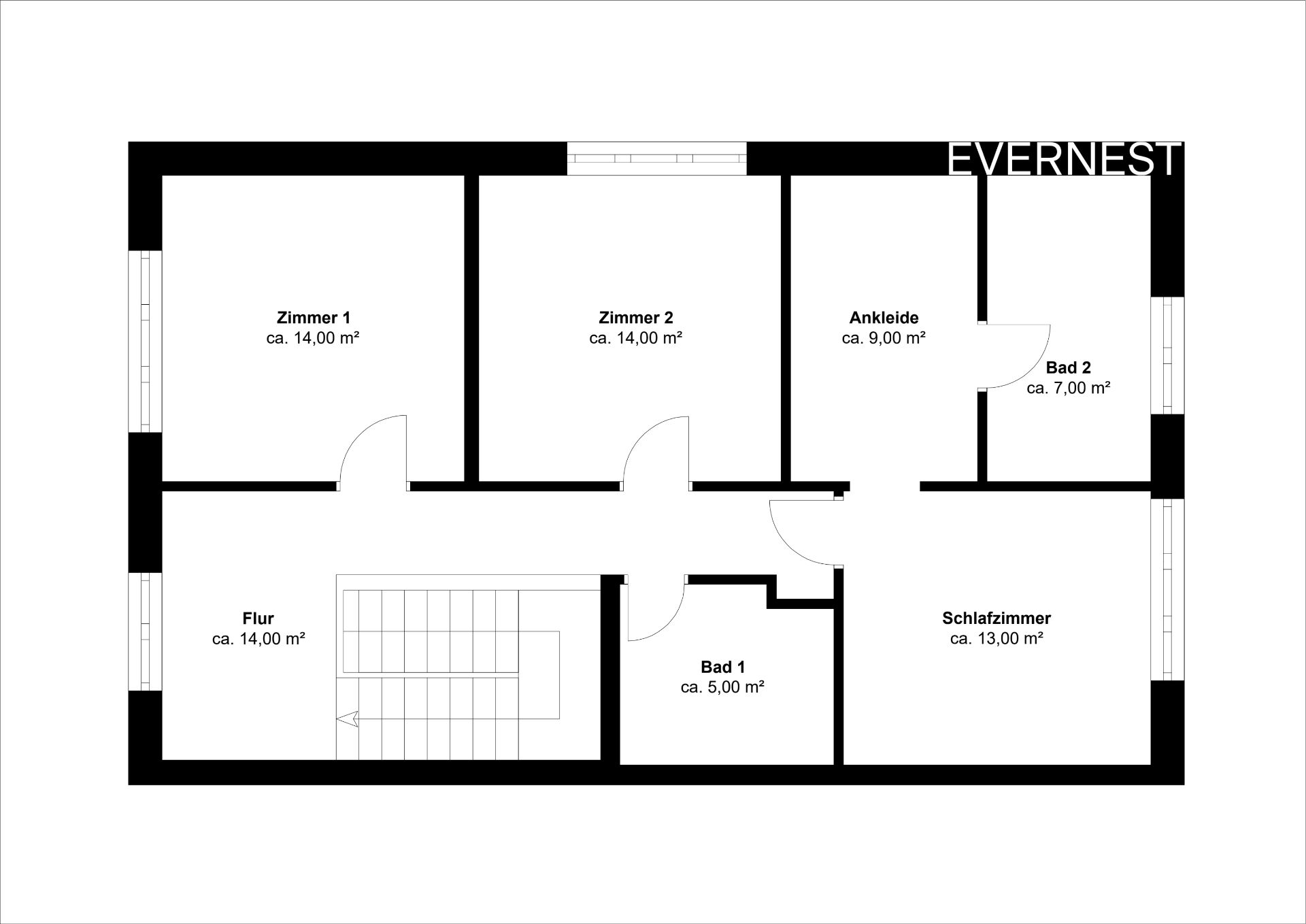 Grundriss mit zwei Zimmern, Schlafzimmer, zwei Bädern, Ankleide und Flur mit Treppe.