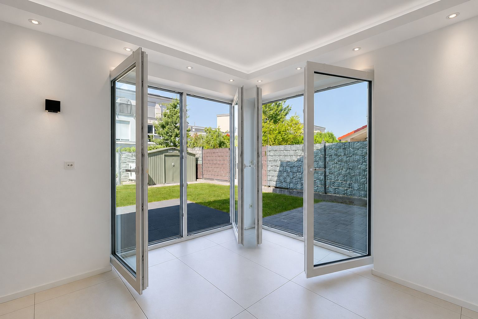 Heller Raum mit zwei offenen Glastüren zum Garten mit Rasen und Sichtschutzzaun.