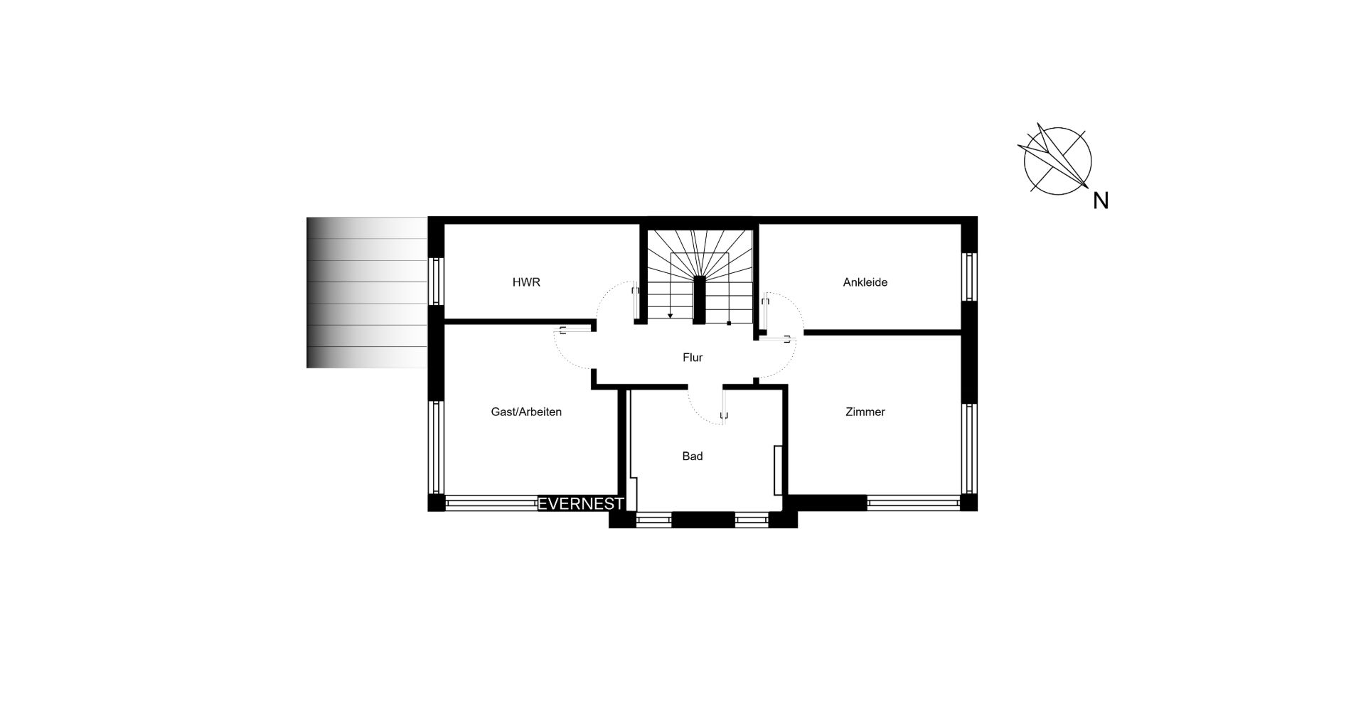 Grundriss mit Flur, Bad, Zimmer, Ankleide, HWR und Gast/Arbeiten.