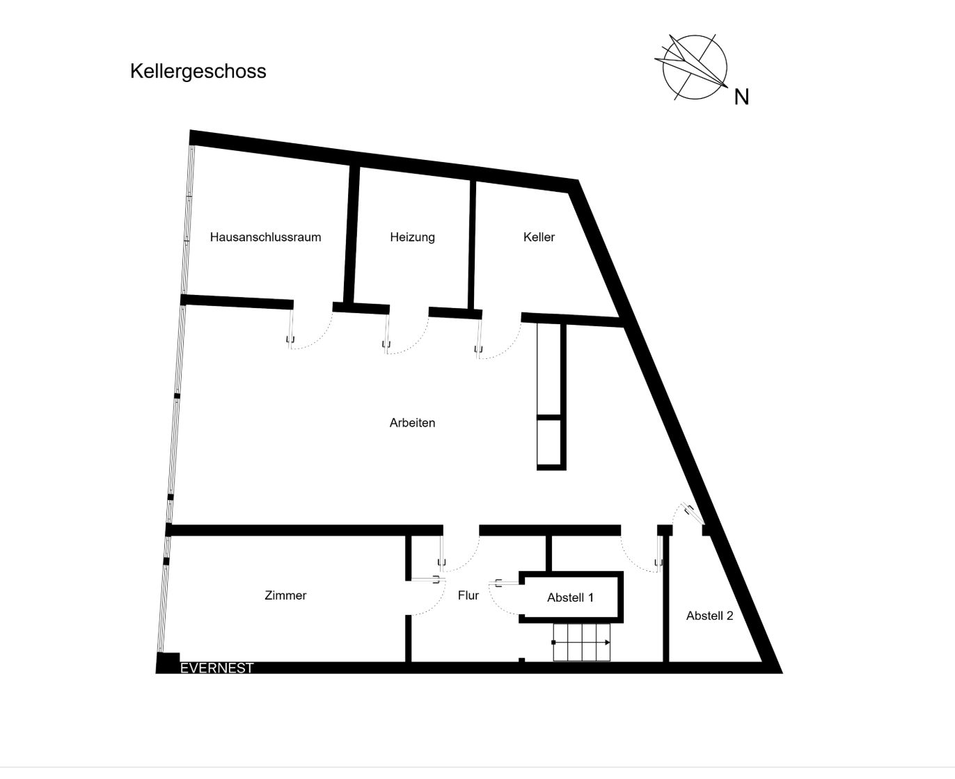 Grundriss des Kellergeschosses mit Zimmern, Abstellräumen und Heizung.