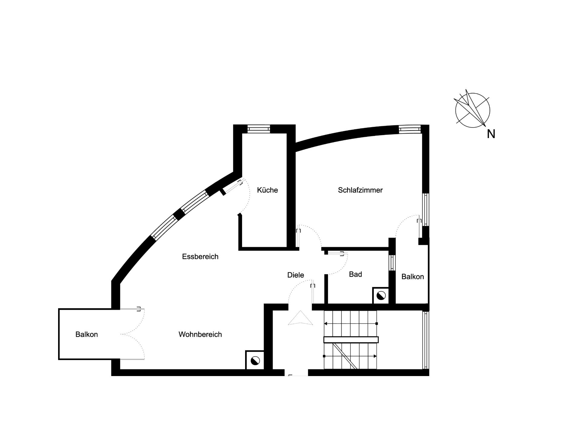 Grundriss mit Wohnbereich, Essbereich, Küche, Schlafzimmer, Bad, Diele und zwei Balkonen.
