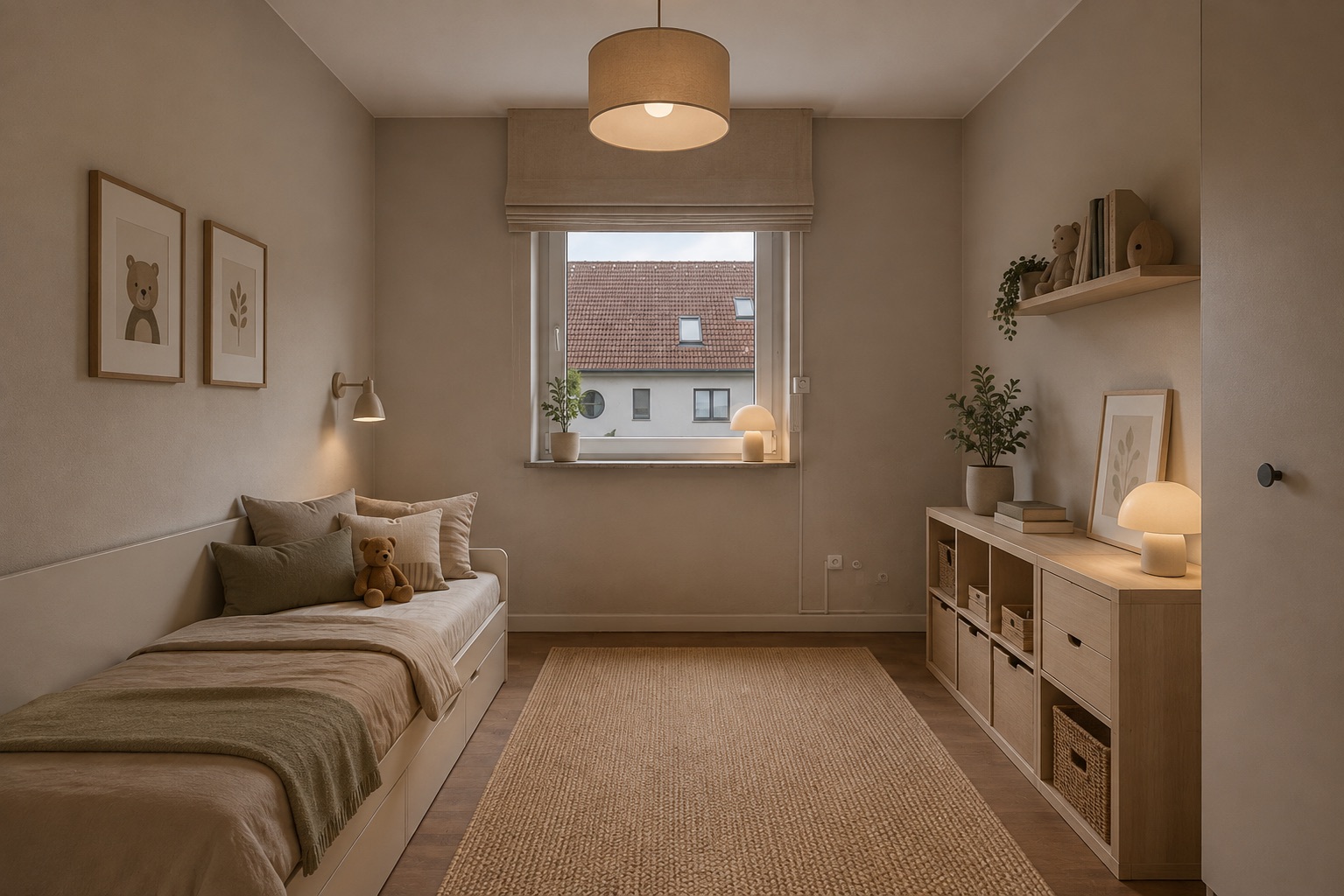 Helles Kinderzimmer mit Einzelbett, Teppich, Fenster und Regalen mit Lampen und Dekoration.