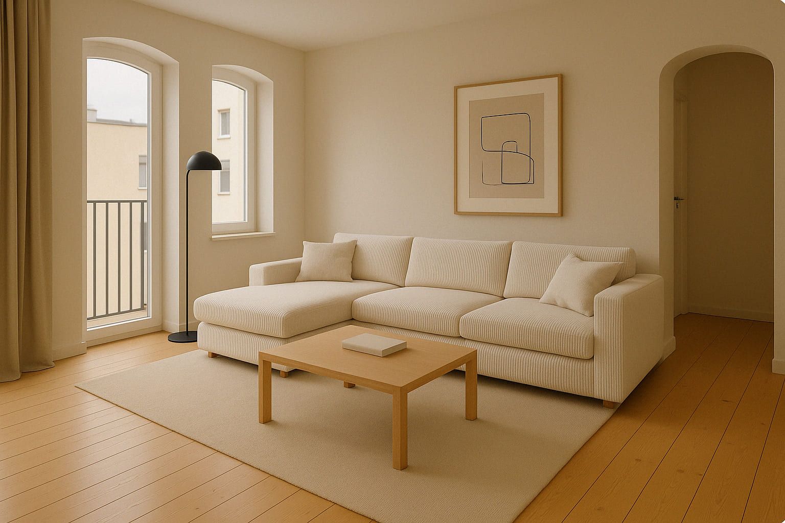 Helles Wohnzimmer mit cremefarbenem Sofa, Holztisch, Stehlampe und Wandbild.