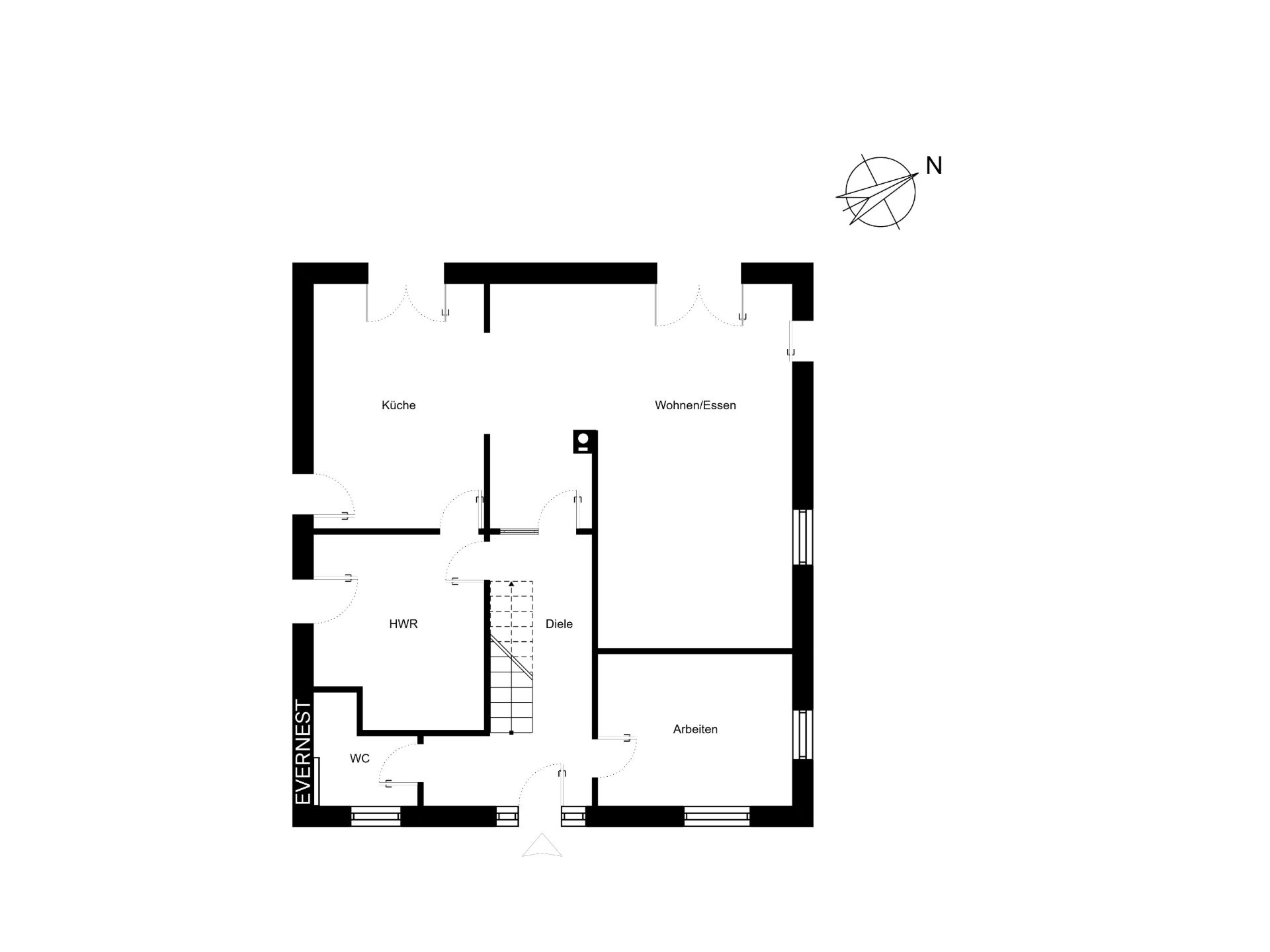 Grundriss mit Räumen: Küche, Wohnen/Essen, Arbeiten, WC, HWR und Diele.