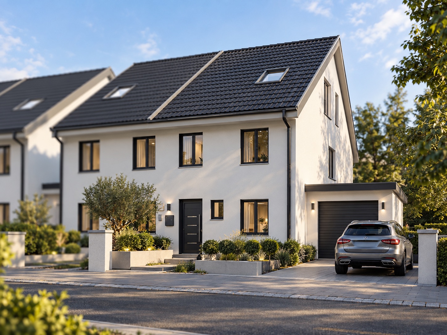 Modernes Einfamilienhaus mit dunklem Dach, Garage und geparktem Auto vor dem Haus.