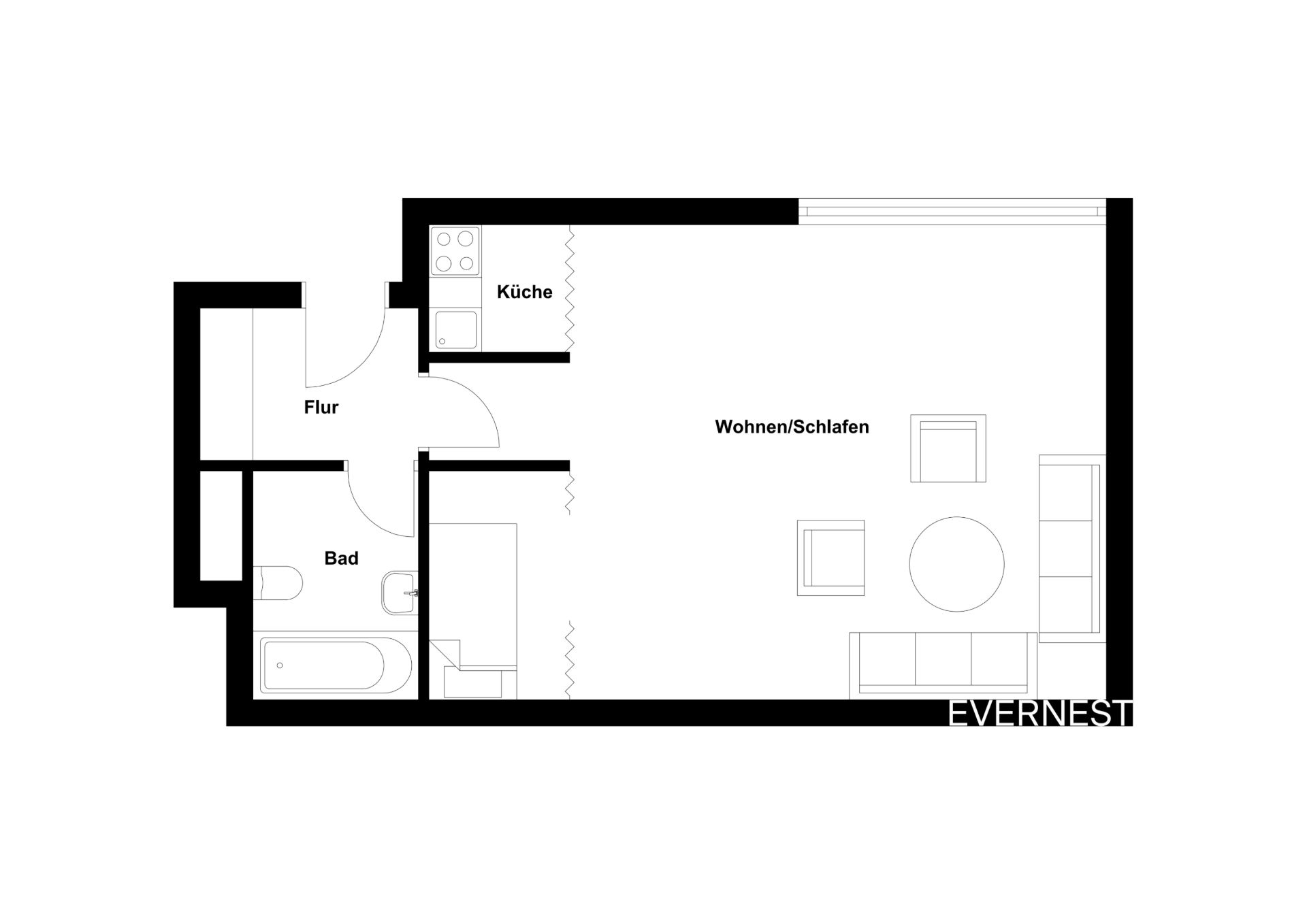 Grundriss einer Wohnung mit Bad, Flur, Küche und Wohn-/Schlafbereich.