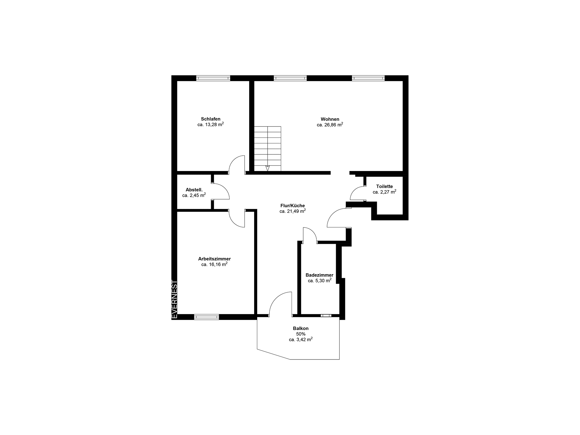 Grundriss einer Wohnung mit Schlafzimmer, Wohnzimmer, Bad, WC, Küche, Arbeitszimmer und Balkon.