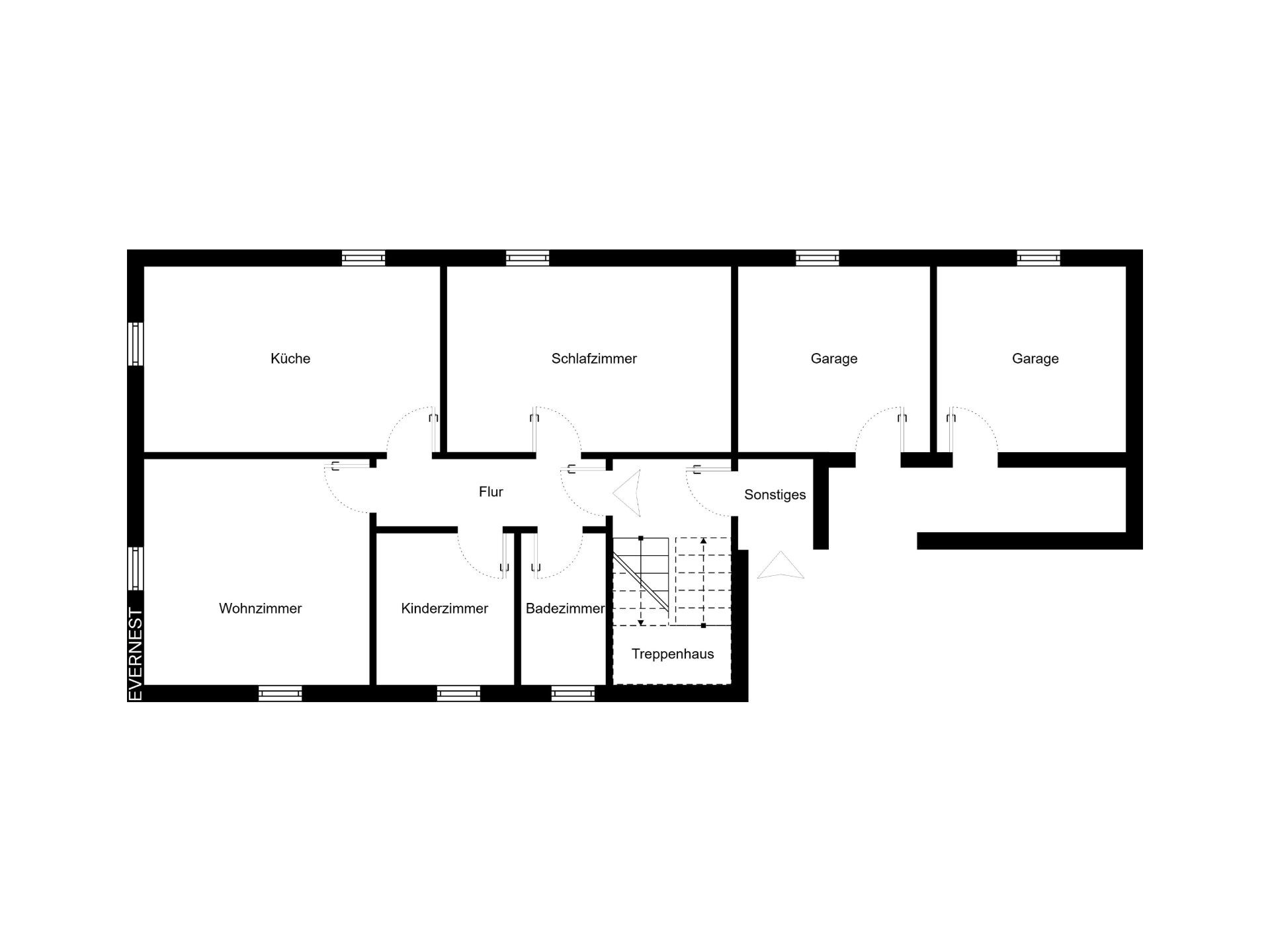 Grundriss mit Küche, Wohnzimmer, Schlafzimmer, Kinderzimmer, Bad, Flur, Treppenhaus und zwei Garagen.