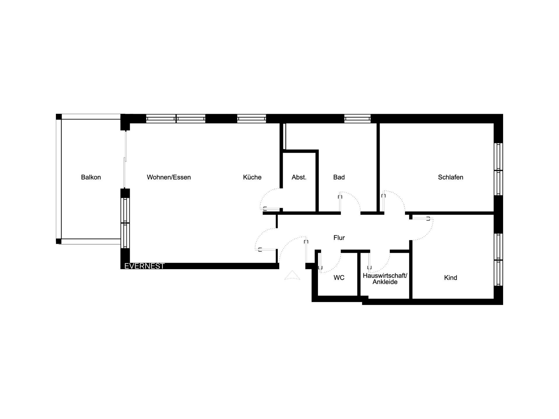 Grundriss einer Wohnung mit Balkon, Wohn-/Essbereich, Küche, Bad, WC, zwei Schlafzimmern und Flur.