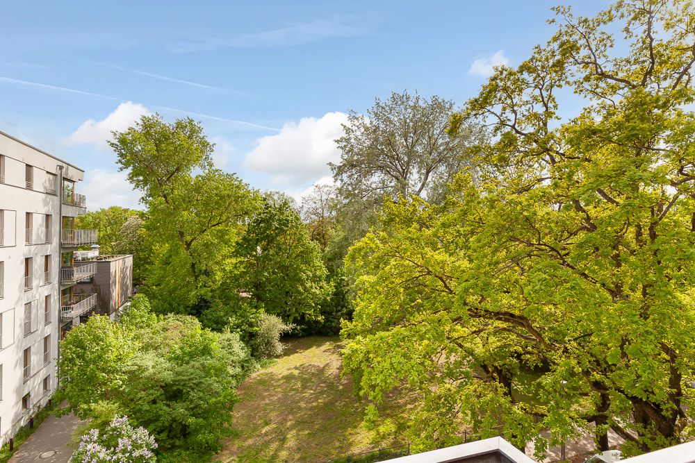 Blick auf einen grünen Garten mit Bäumen, daneben ein Mehrfamilienhaus bei sonnigem Wetter.