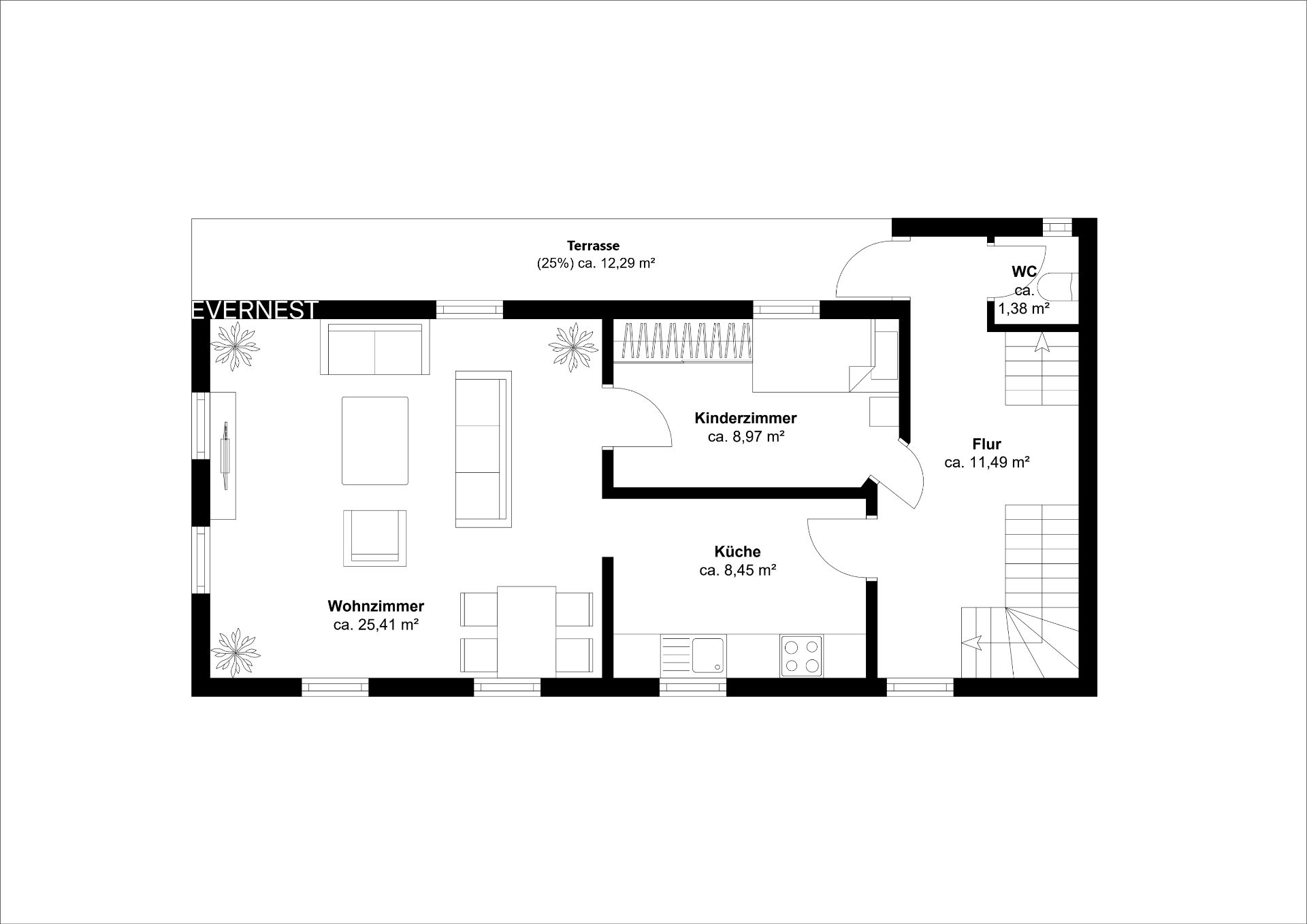 Grundriss mit Wohnzimmer, Küche, Kinderzimmer, Flur, WC und Terrasse.