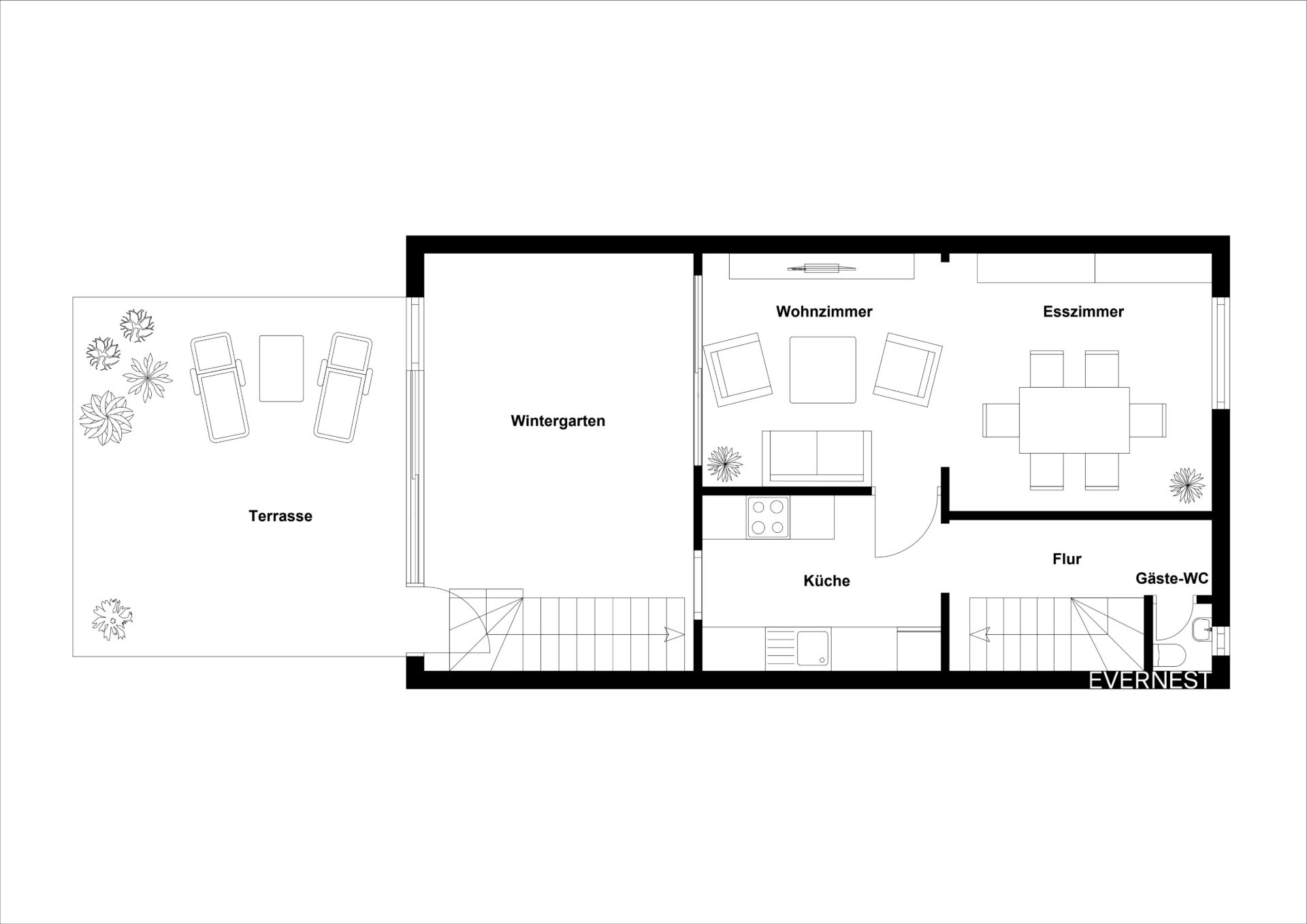 Grundriss mit Wintergarten, Terrasse, Wohnzimmer, Esszimmer, Küche, Flur und Gäste-WC.