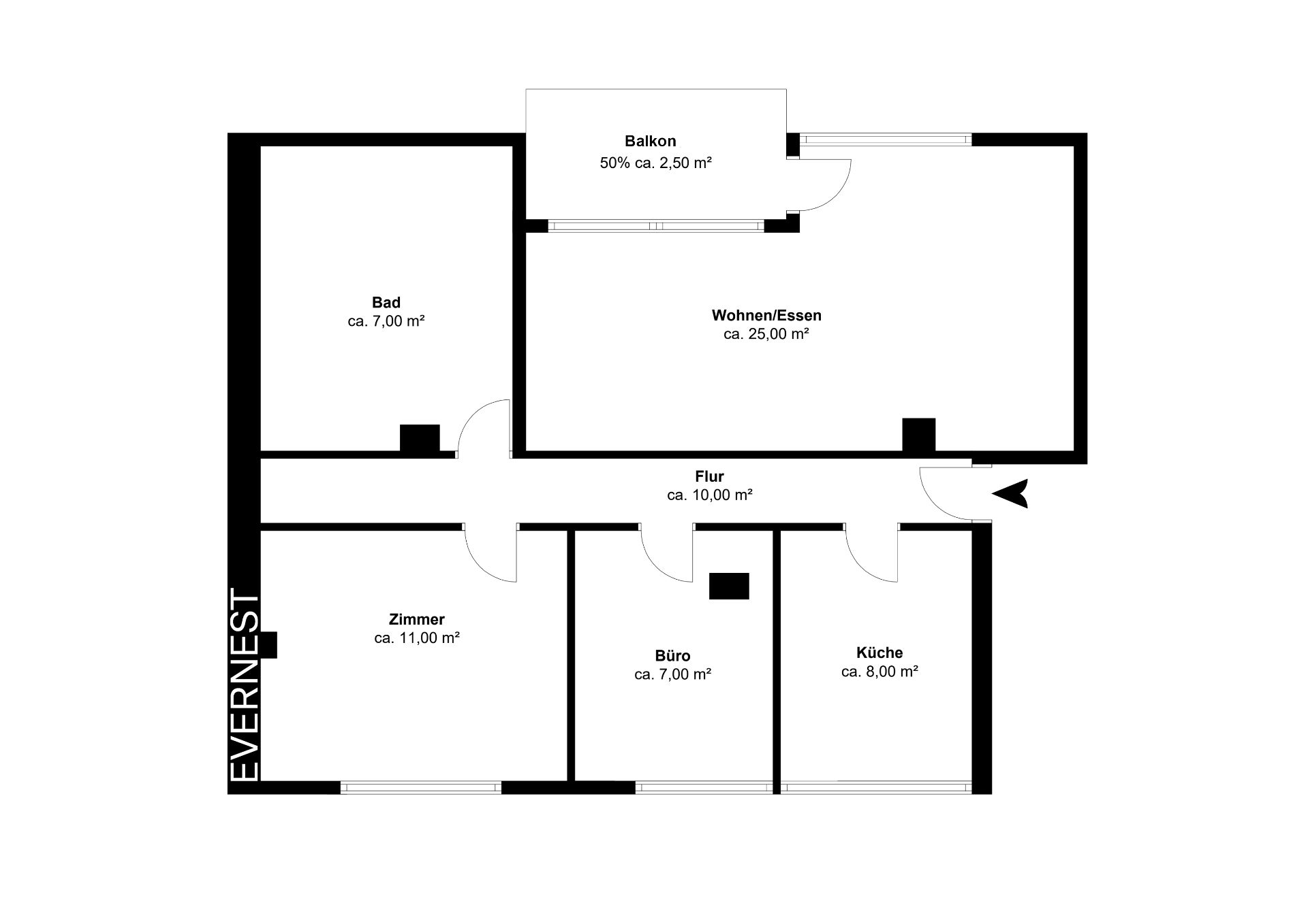 Grundriss einer Wohnung mit Bad, Zimmer, Büro, Küche, Flur, Wohnen/Essen und Balkon.