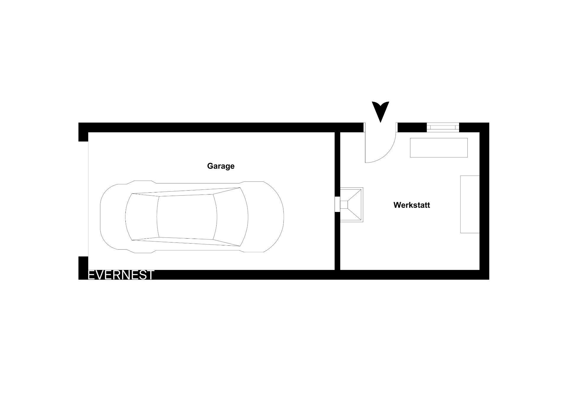 Grundriss mit Garage und angrenzender Werkstatt, Auto in der Garage abgebildet.