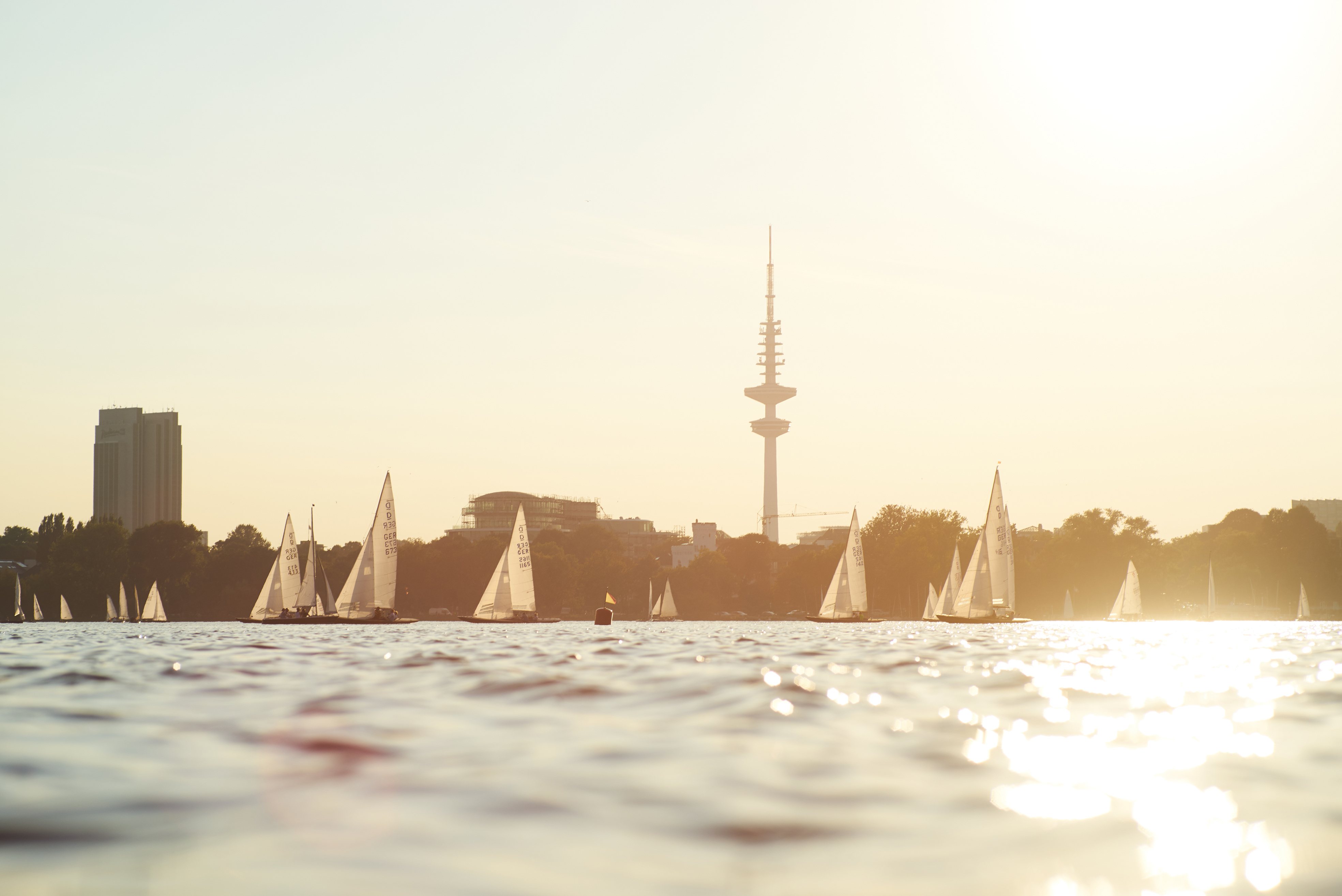 Mehrere Segelboote auf einem See mit Fernsehturm und Gebäuden im Hintergrund bei Sonnenlicht.