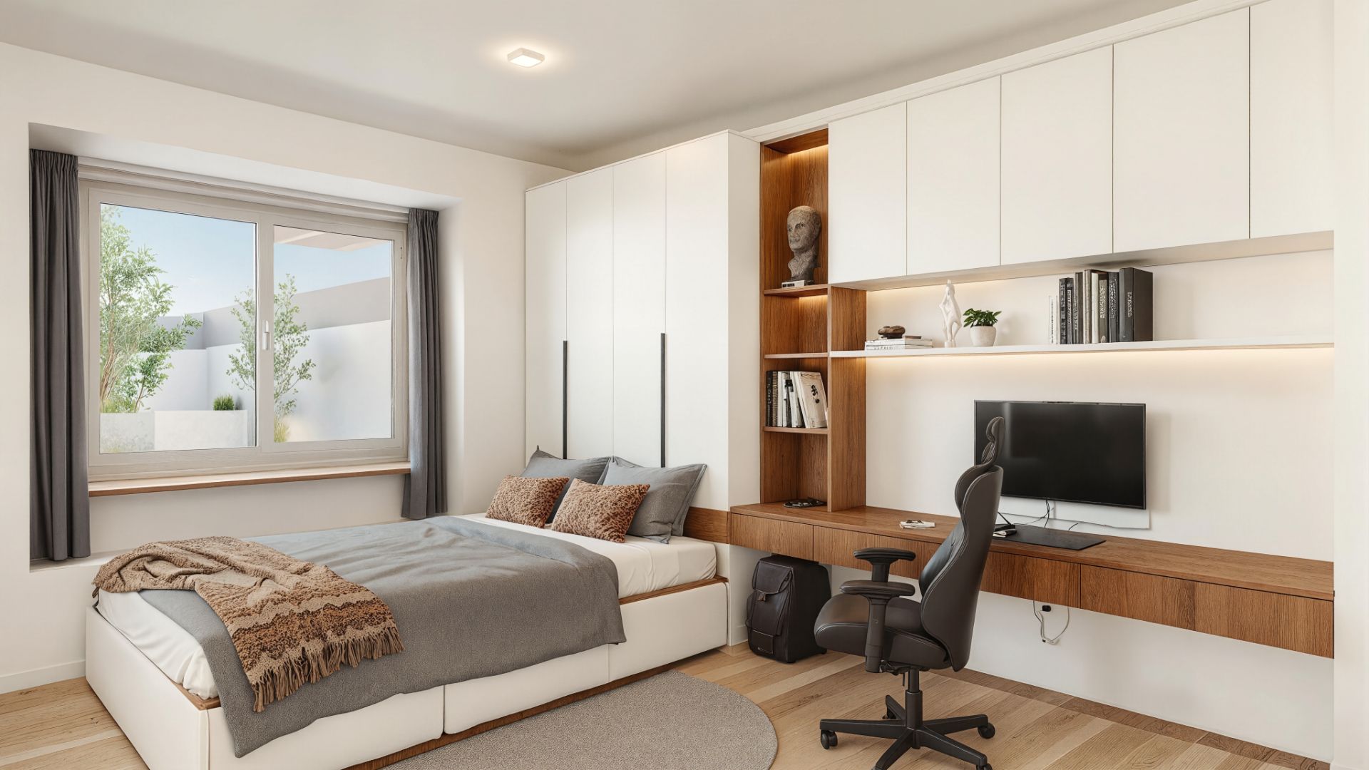 Modernes Schlafzimmer mit großem Fenster, Bett, Schreibtisch, Stuhl und Einbauschränken.