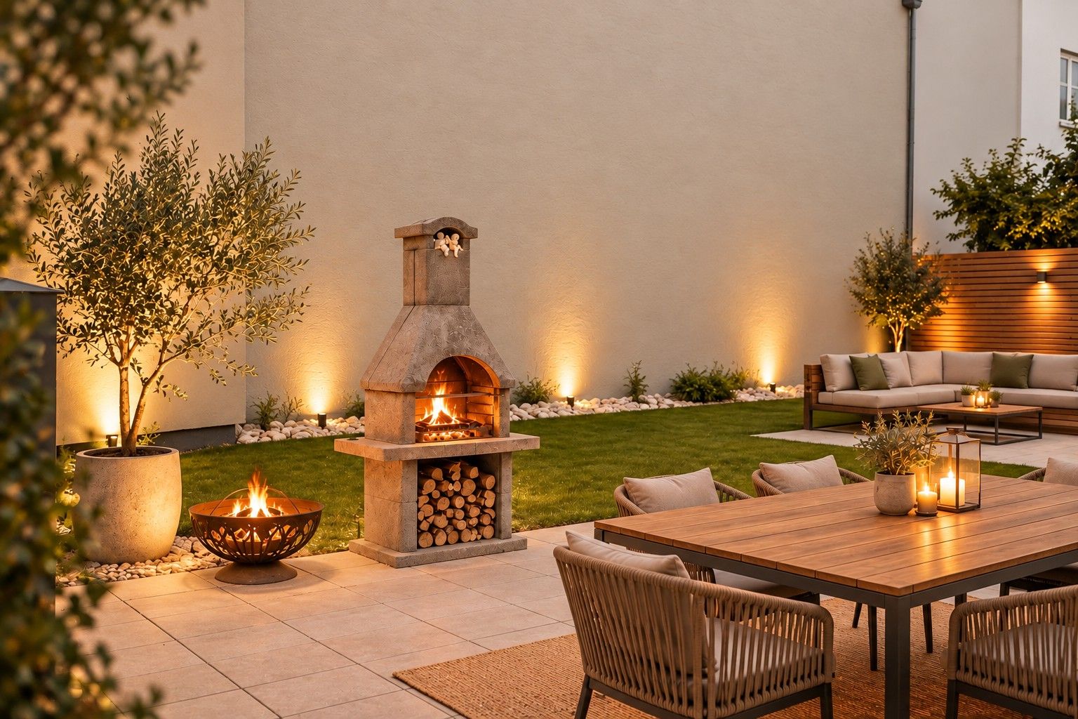 Moderner Garten mit Feuerstelle, Kamin, Holztisch, Stühlen und Lounge-Sofa bei abendlicher Beleuchtung.