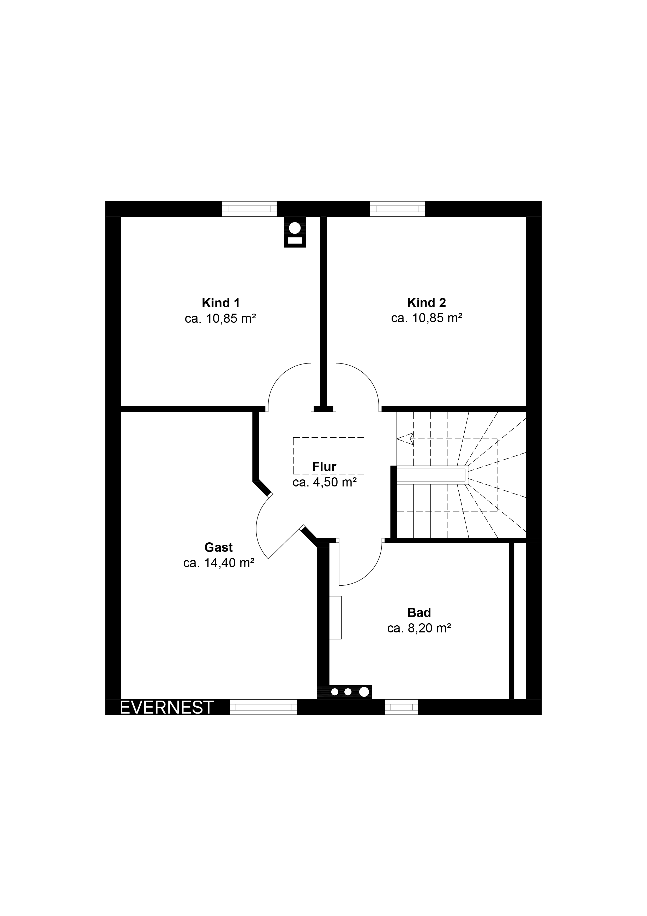 Grundriss mit vier Räumen: zwei Kinderzimmer, ein Gästezimmer, ein Bad und ein Flur mit Treppe.