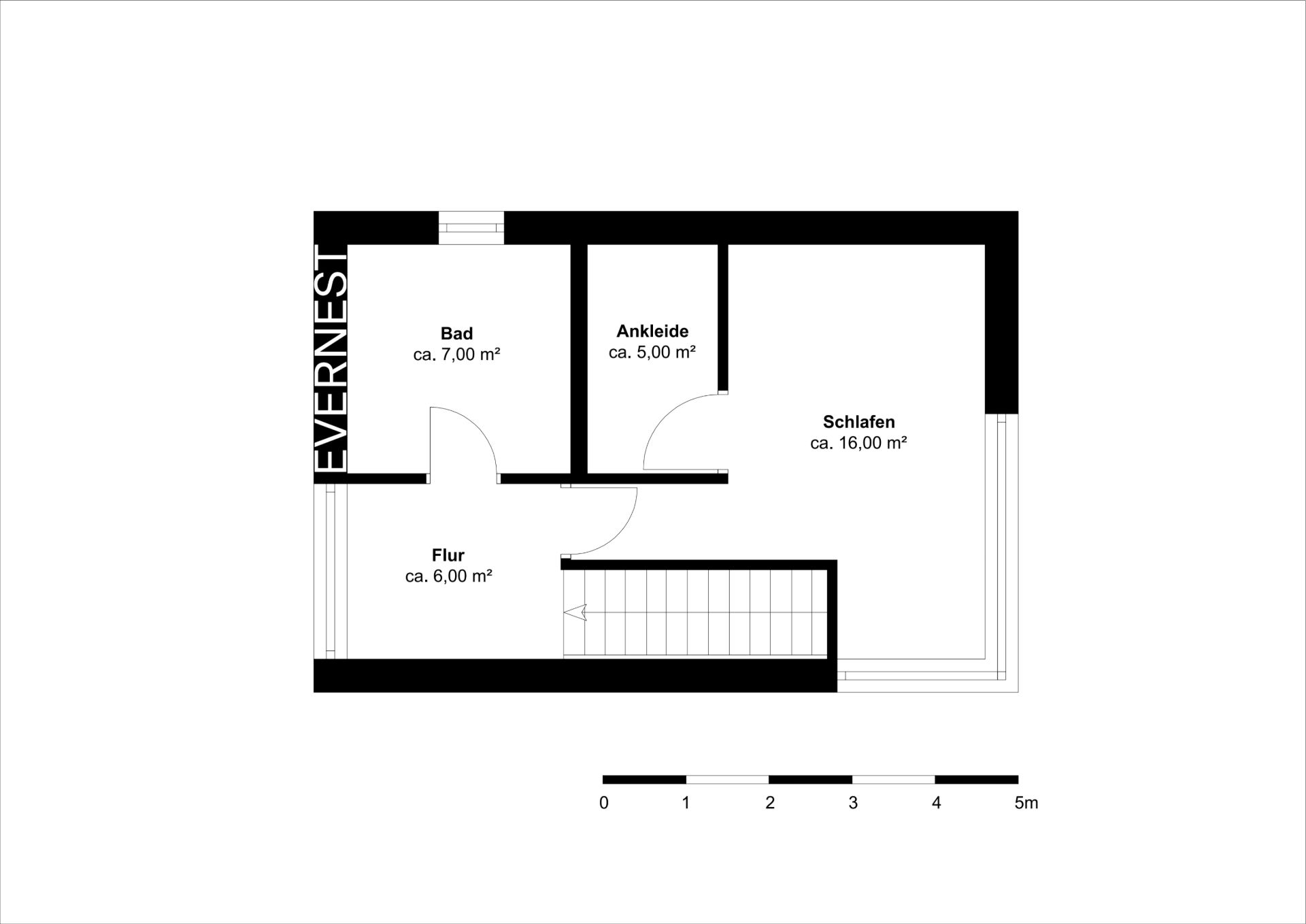 Grundriss mit Flur, Bad, Ankleide und Schlafzimmer, Flächenangaben in Quadratmetern.