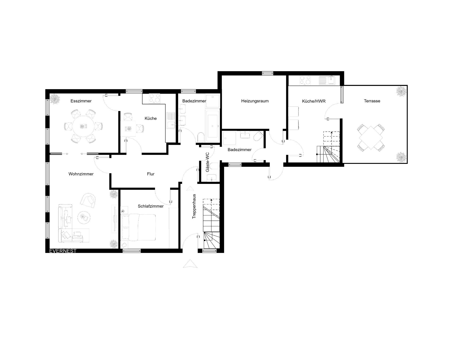 Grundriss eines Wohnhauses mit Wohnzimmer, Schlafzimmer, Küche, Esszimmer, Bädern und Terrasse.