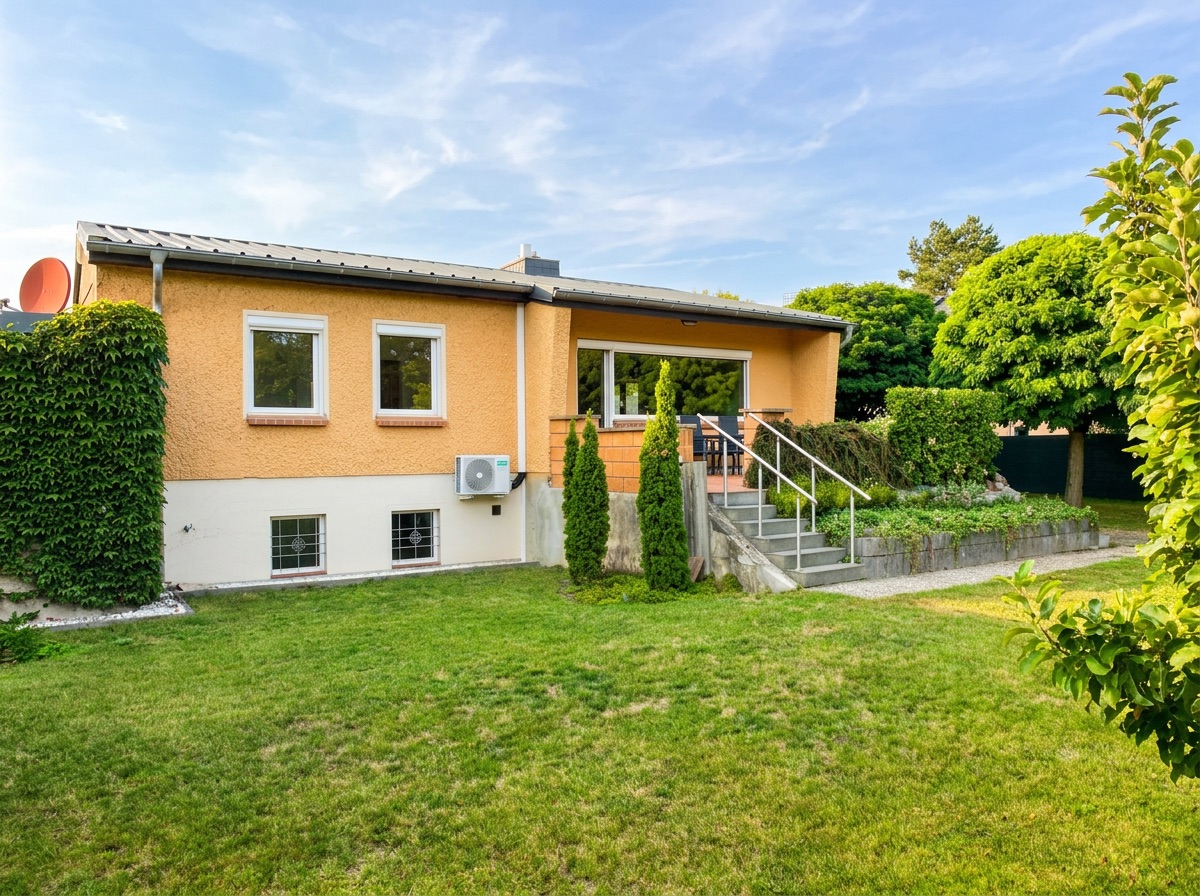 Einfamilienhaus mit gelber Fassade, Terrasse, Rasen und mehreren Bäumen im Garten.