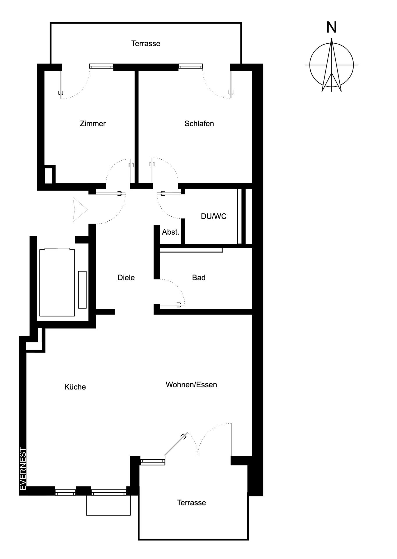 Grundriss einer Wohnung mit Zimmern, Küche, Bad, Wohnbereich und zwei Terrassen.