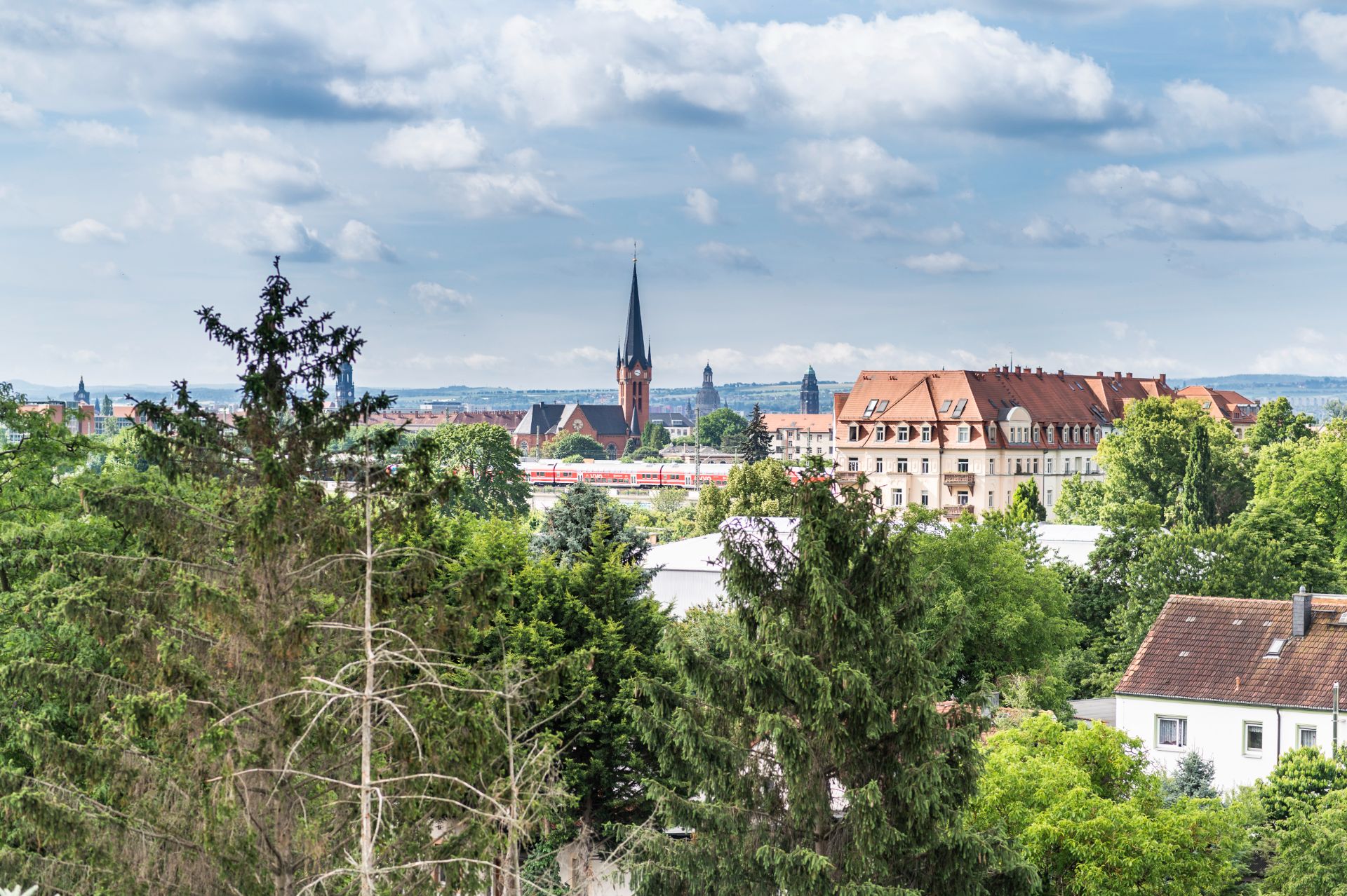 Blick über grüne Bäume auf Gebäude und eine Kirche mit hohem Turm im Hintergrund.