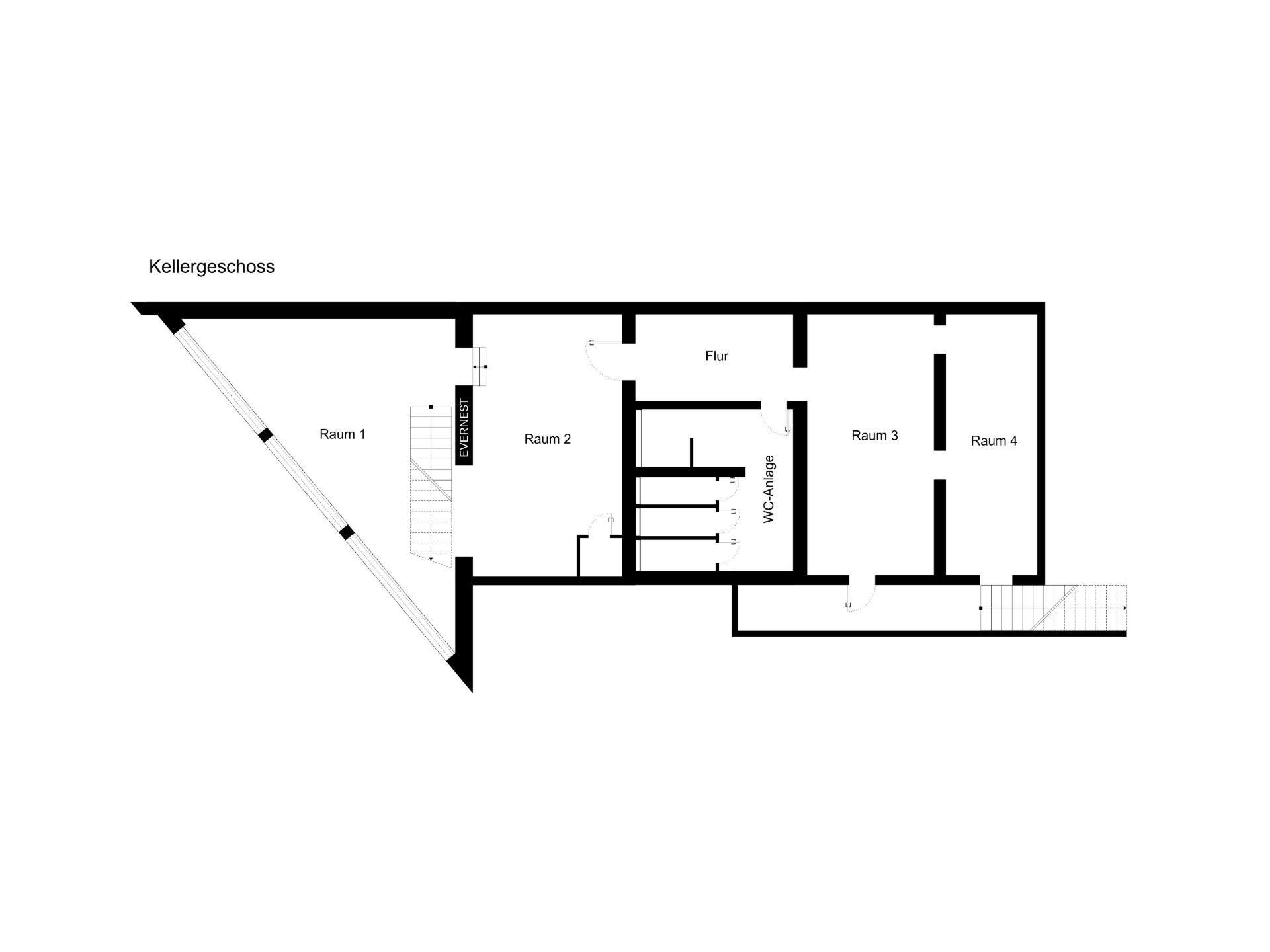 Grundriss des Kellergeschosses mit vier Räumen, Flur, Technikbereich und zwei Treppen.