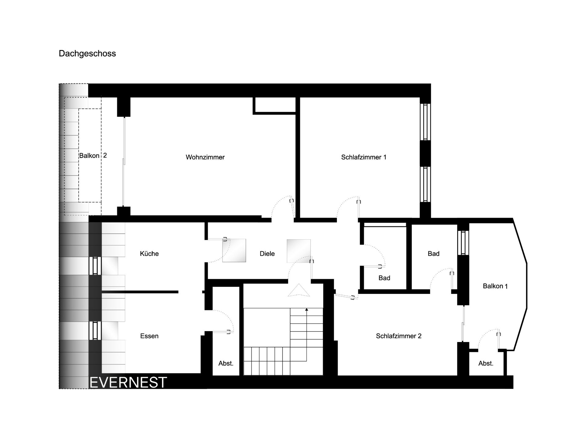 Grundriss einer Wohnung mit Wohnzimmer, zwei Schlafzimmern, Küche, zwei Bädern und zwei Balkonen.