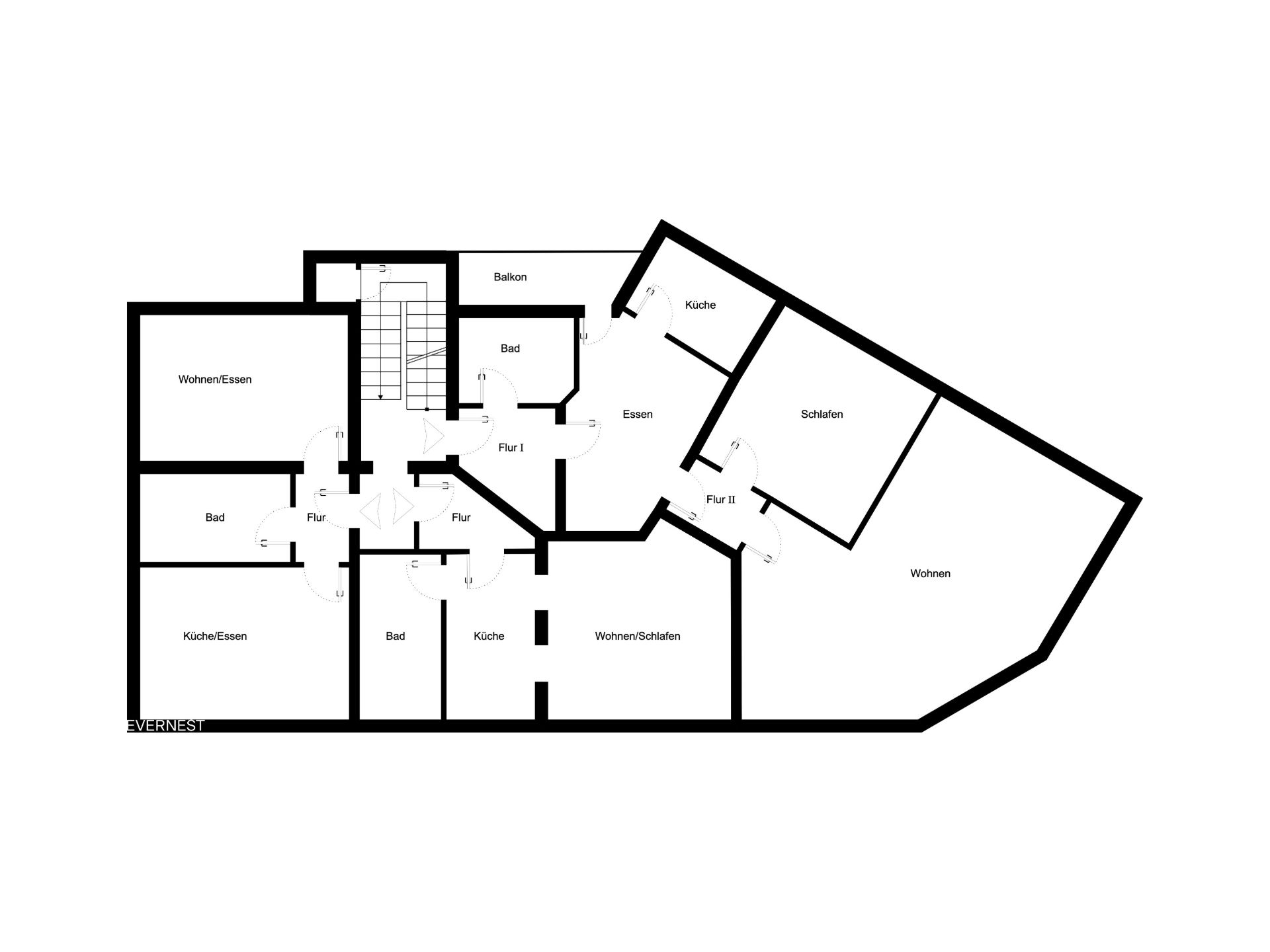Grundriss einer Wohnung mit mehreren Zimmern, Bädern, Küchen und einem Balkon.