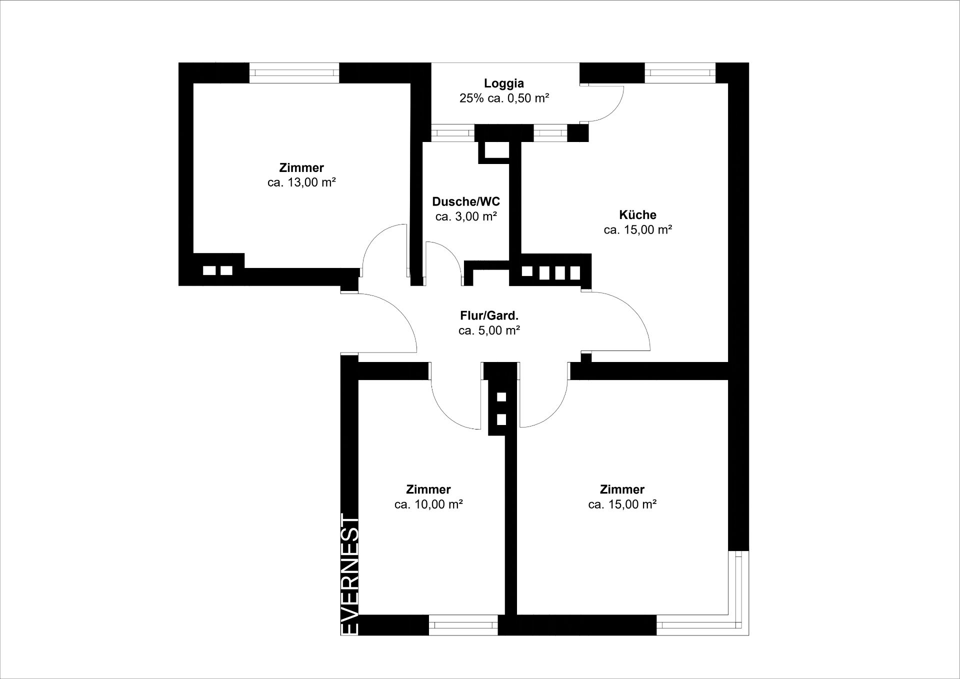 Grundriss mit drei Zimmern, Küche, Dusche/WC, Loggia und Flur/Garderobe.