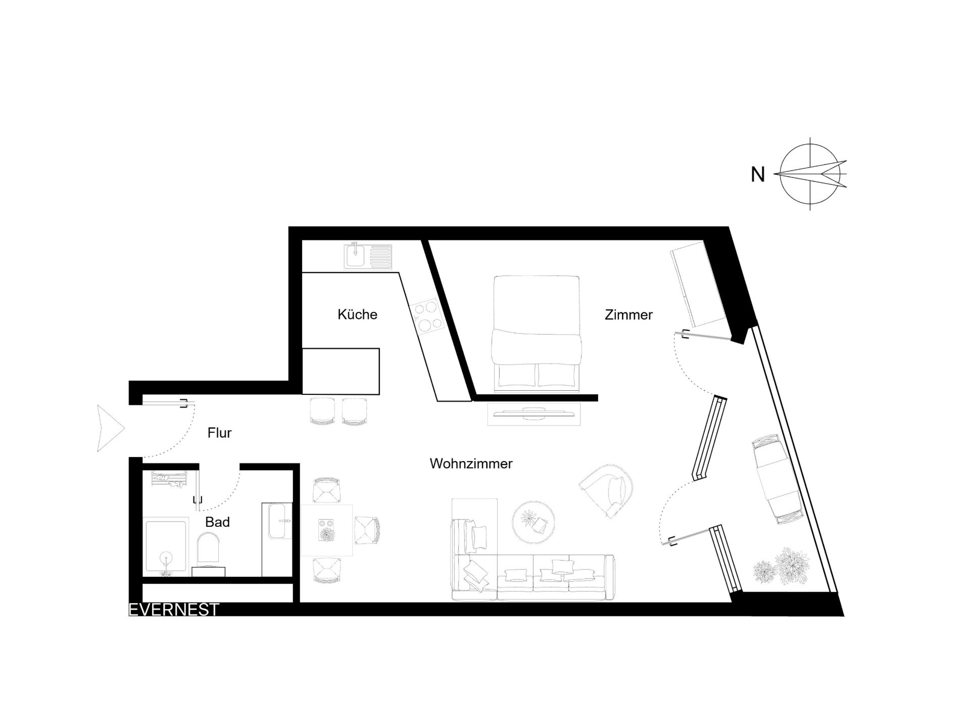 Grundriss einer Wohnung mit Küche, Wohnzimmer, Bad, Flur und Zimmer.