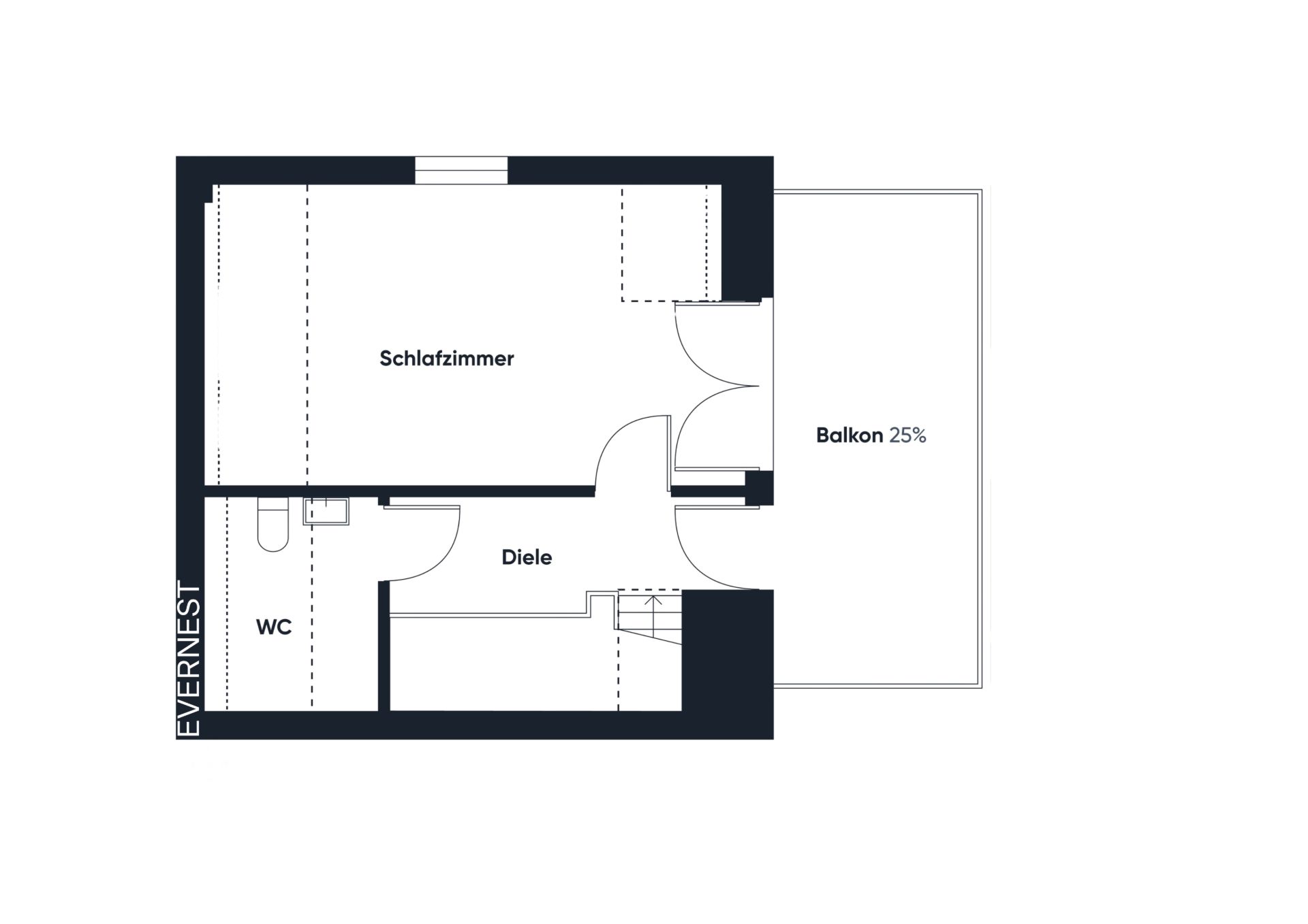 Grundriss mit Schlafzimmer, Diele, WC und Balkon.