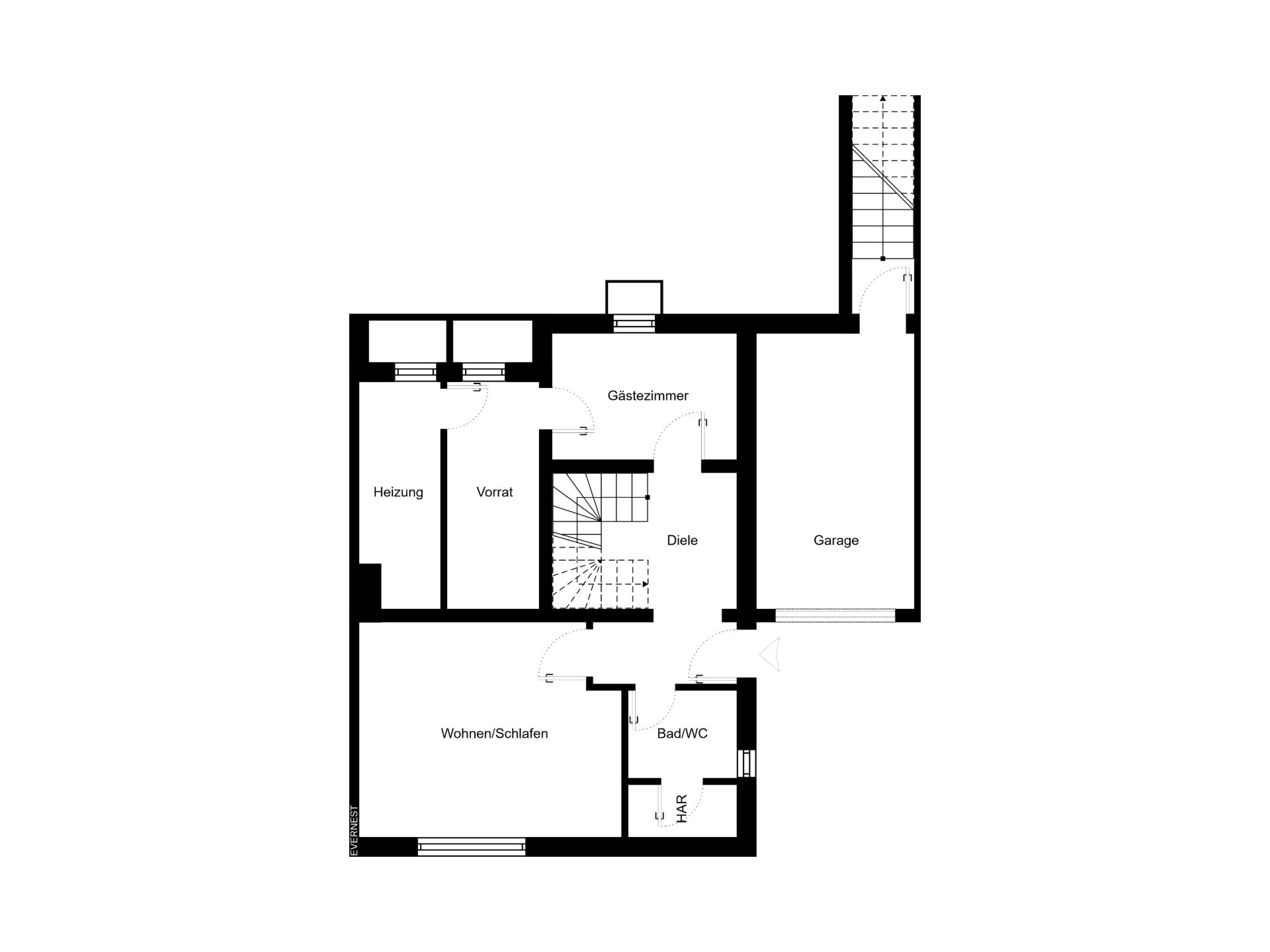 Grundriss mit Garage, Gästezimmer, Wohnen/Schlafen, Bad/WC, Vorrat und Heizung.