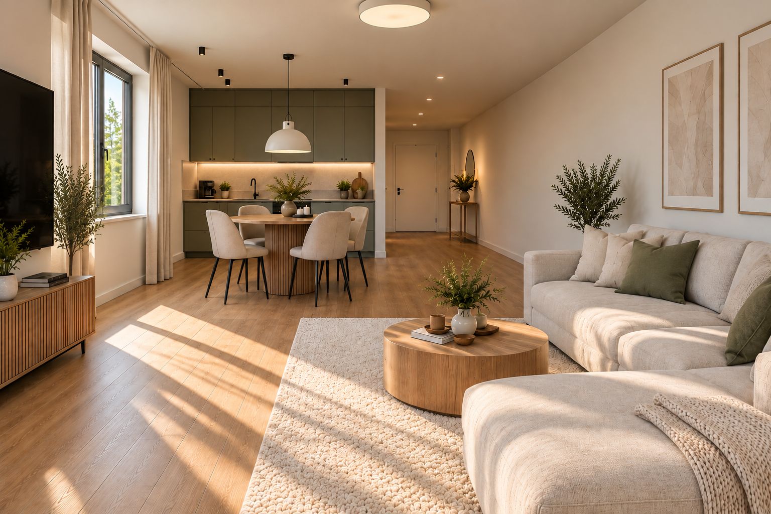 Modernes Wohnzimmer mit Sofa, Couchtisch, Esstisch und offener Küche mit grünen Schränken.