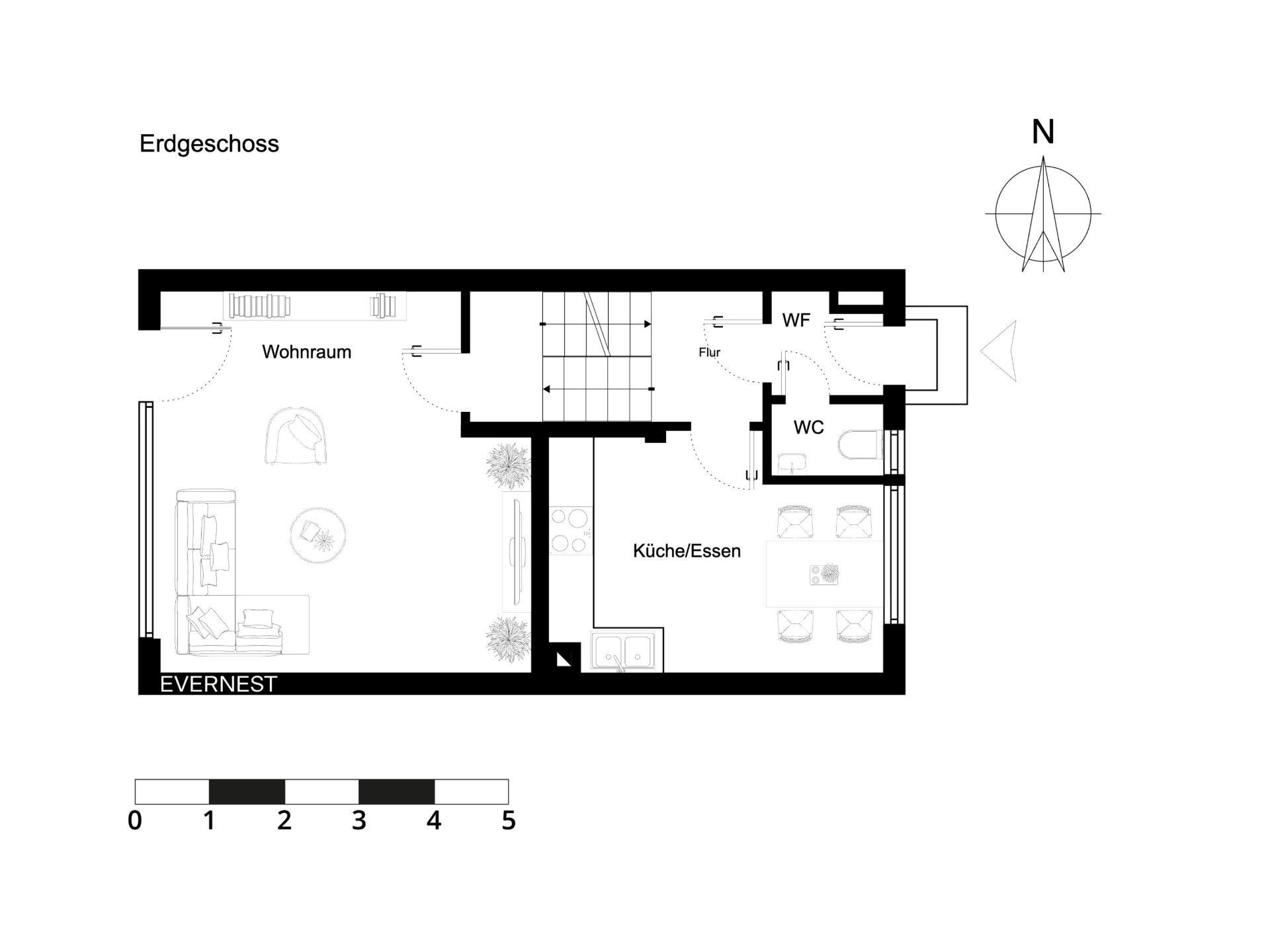 Grundriss des Erdgeschosses mit Wohnraum, Küche/Essbereich, WC und Flur.