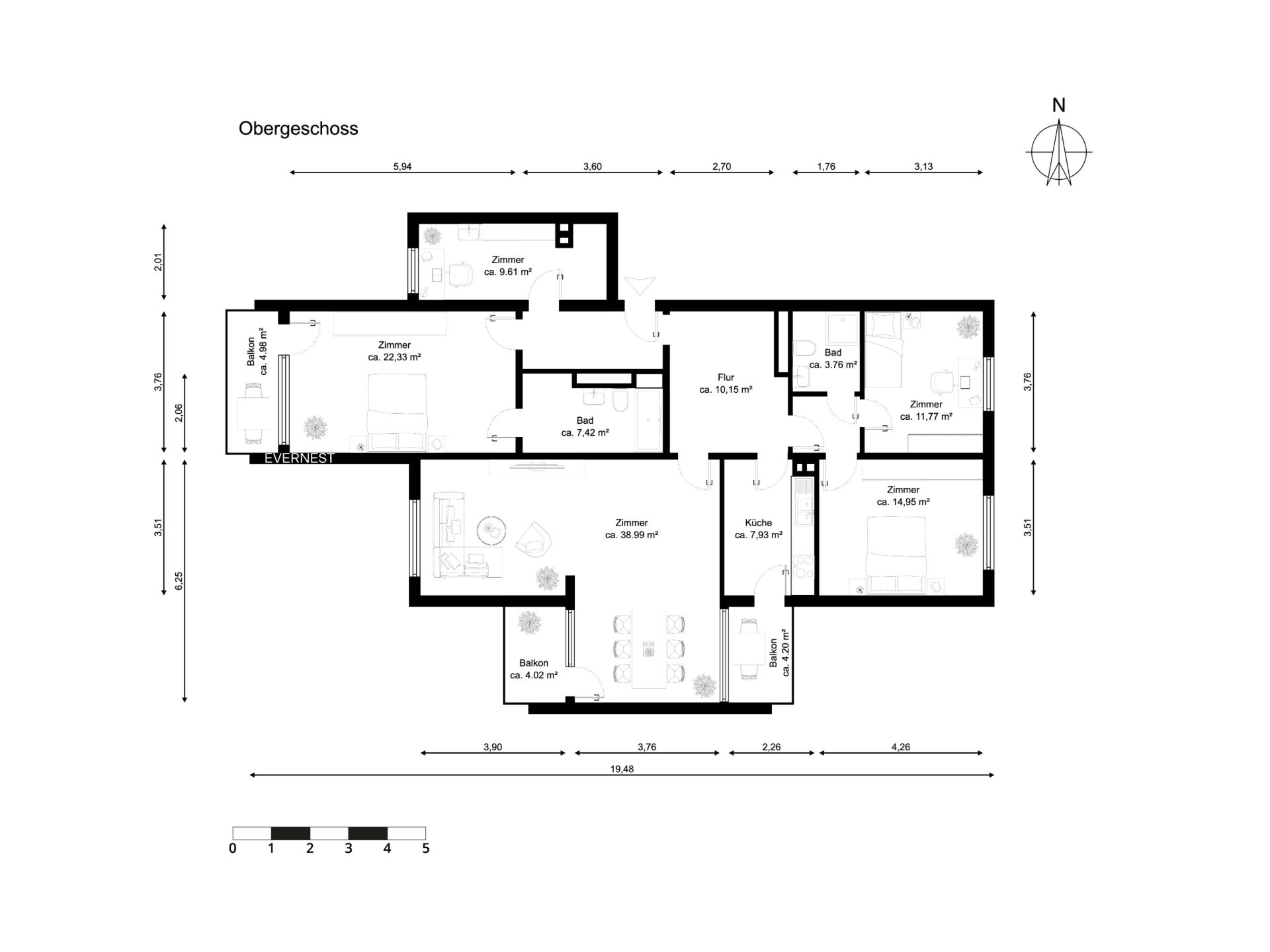 Grundriss einer Wohnung mit mehreren Zimmern, zwei Bädern, Küche, Flur und Balkon.
