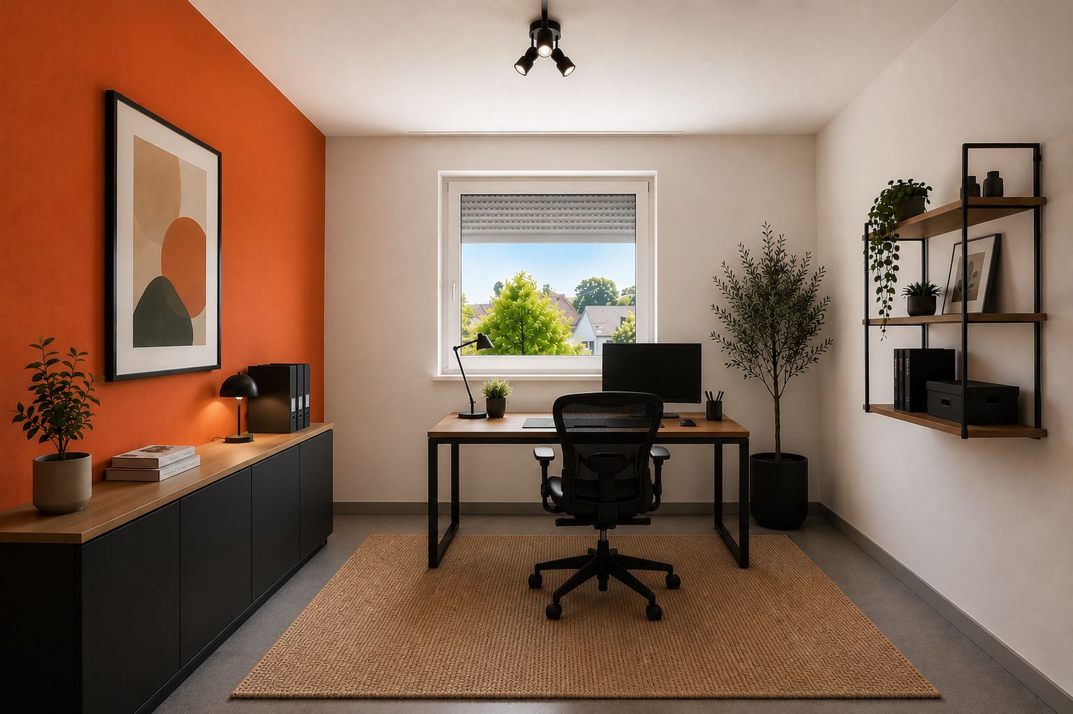 Modernes Arbeitszimmer mit Schreibtisch, Stuhl, Regal, Pflanzen und großem Fenster.