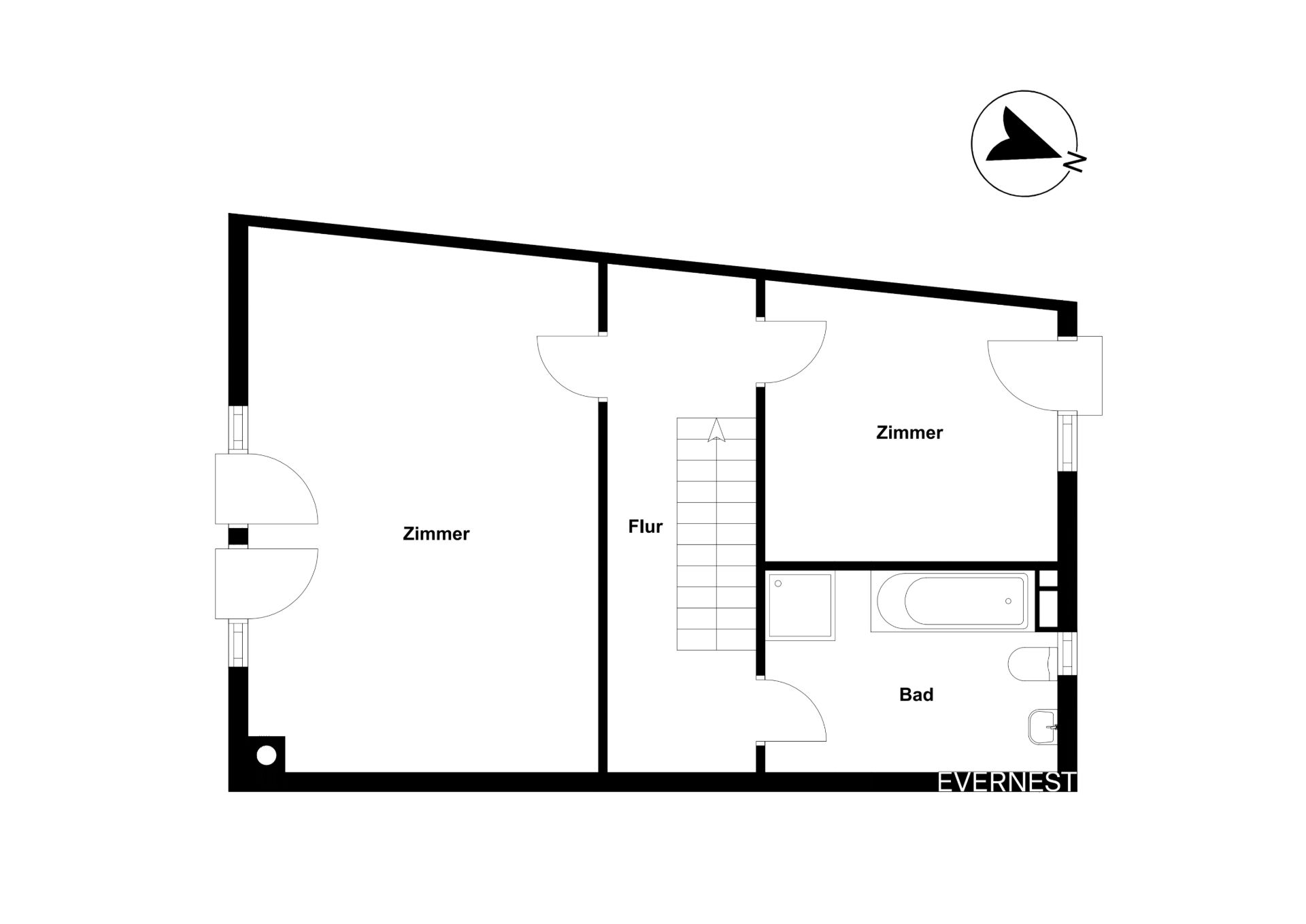 Grundriss mit zwei Zimmern, Flur und Badezimmer, sichtbar mit Türen und Treppenaufgang.