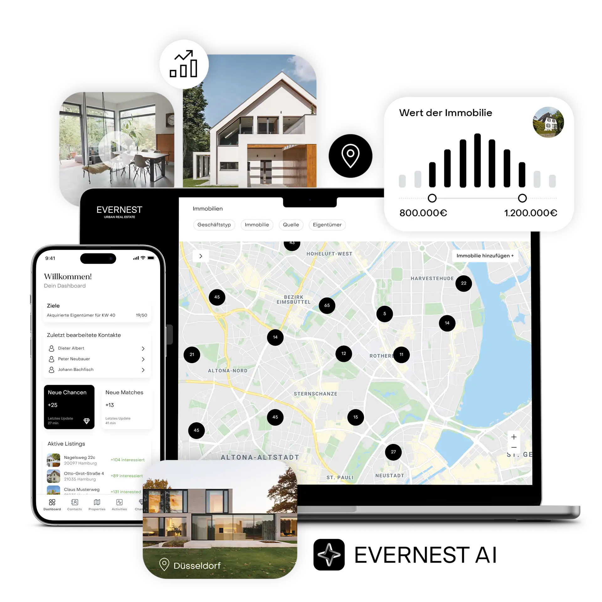 Collage mit Hausfotos, Smartphone und Laptop mit Immobilienkarte und Wertdiagramm.