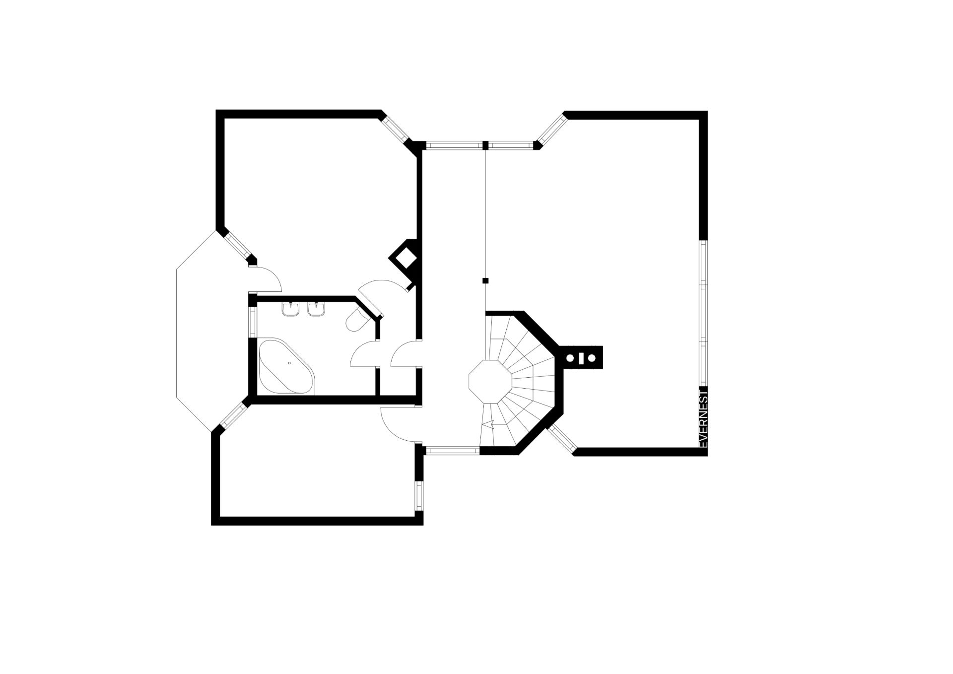 Grundriss eines Wohnhauses mit mehreren Zimmern, Badezimmer und Treppenhaus sichtbar.