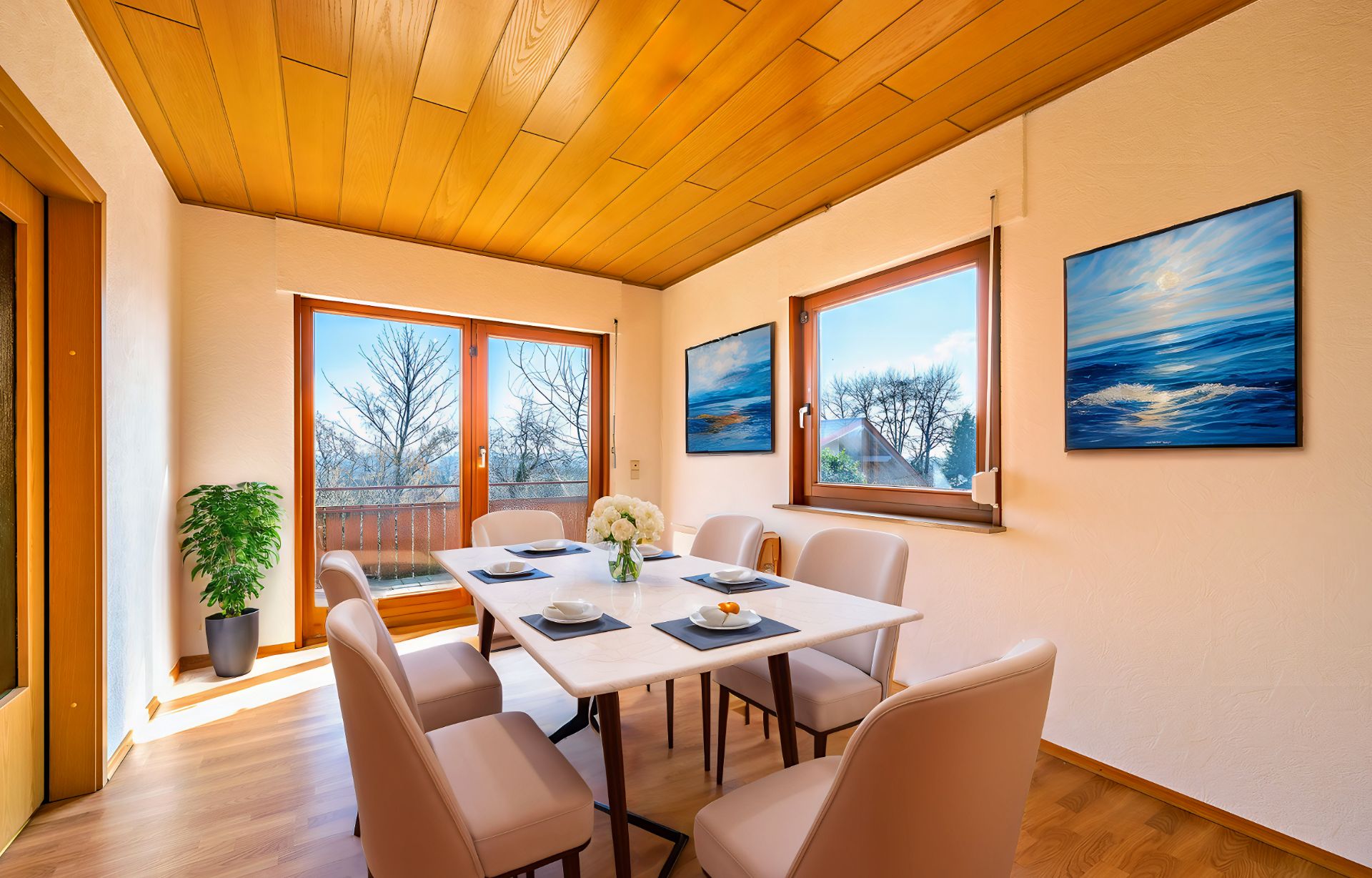 Esszimmer mit sechs Stühlen, großem Fenster, Glastür, Pflanzen und Wandbildern.