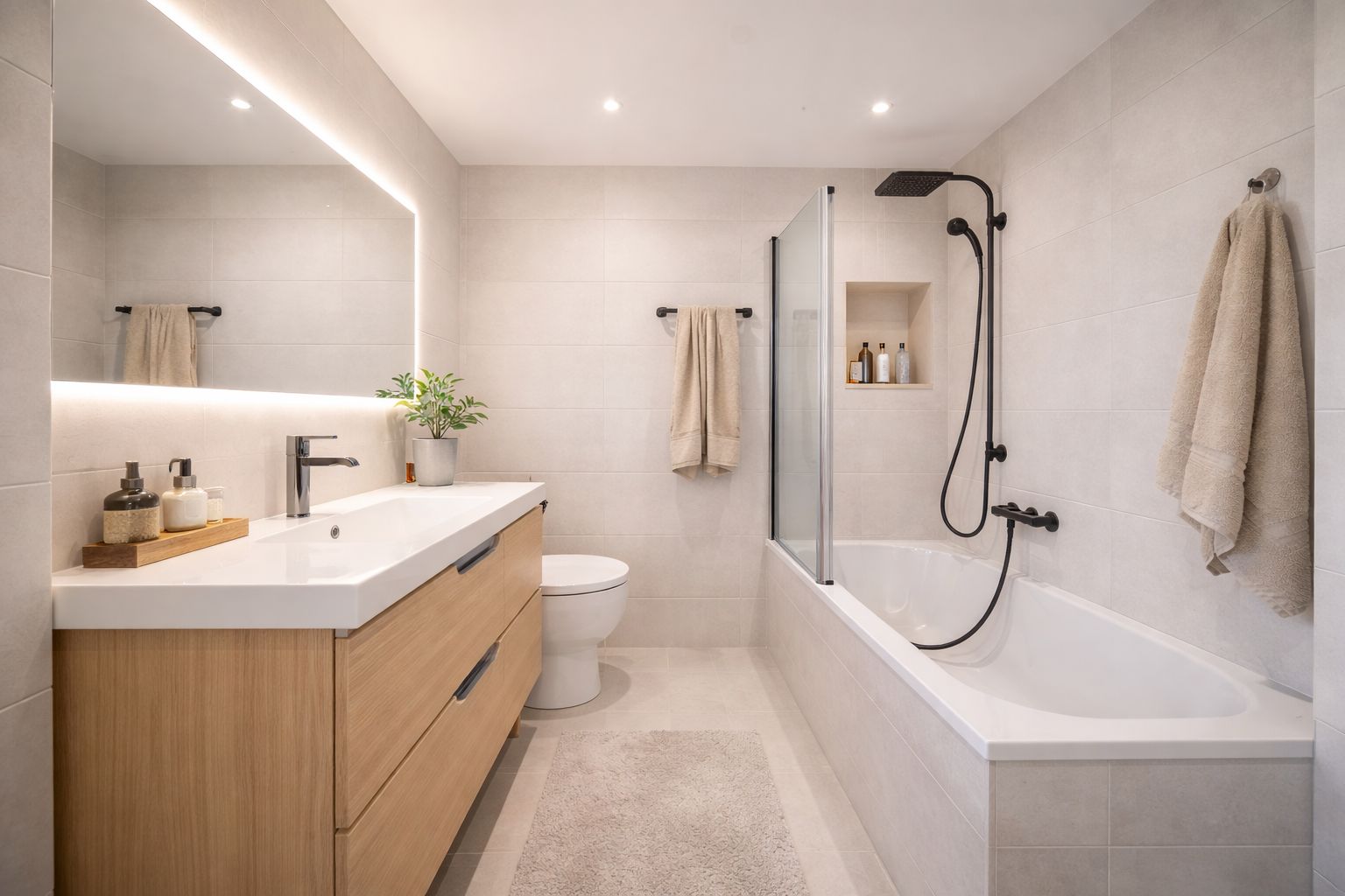 Modernes Badezimmer mit Holzwaschtisch, Badewanne, Spiegel und Handtüchern.