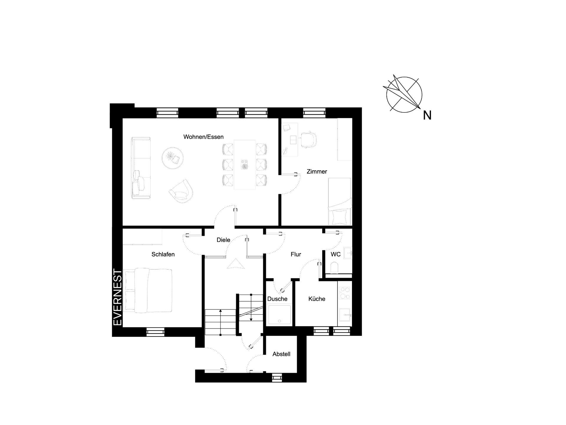 Grundriss einer Wohnung mit Wohnzimmer, Schlafzimmer, Küche, Bad und weiteren Zimmern.